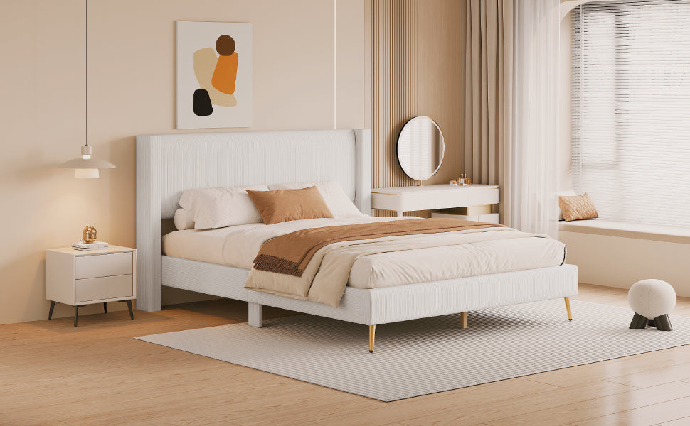 Queen Size Corduroy Platform Bed With Metal Legs, Beige Old Sku:Wf300238Aaa Queen Beige Corduroy