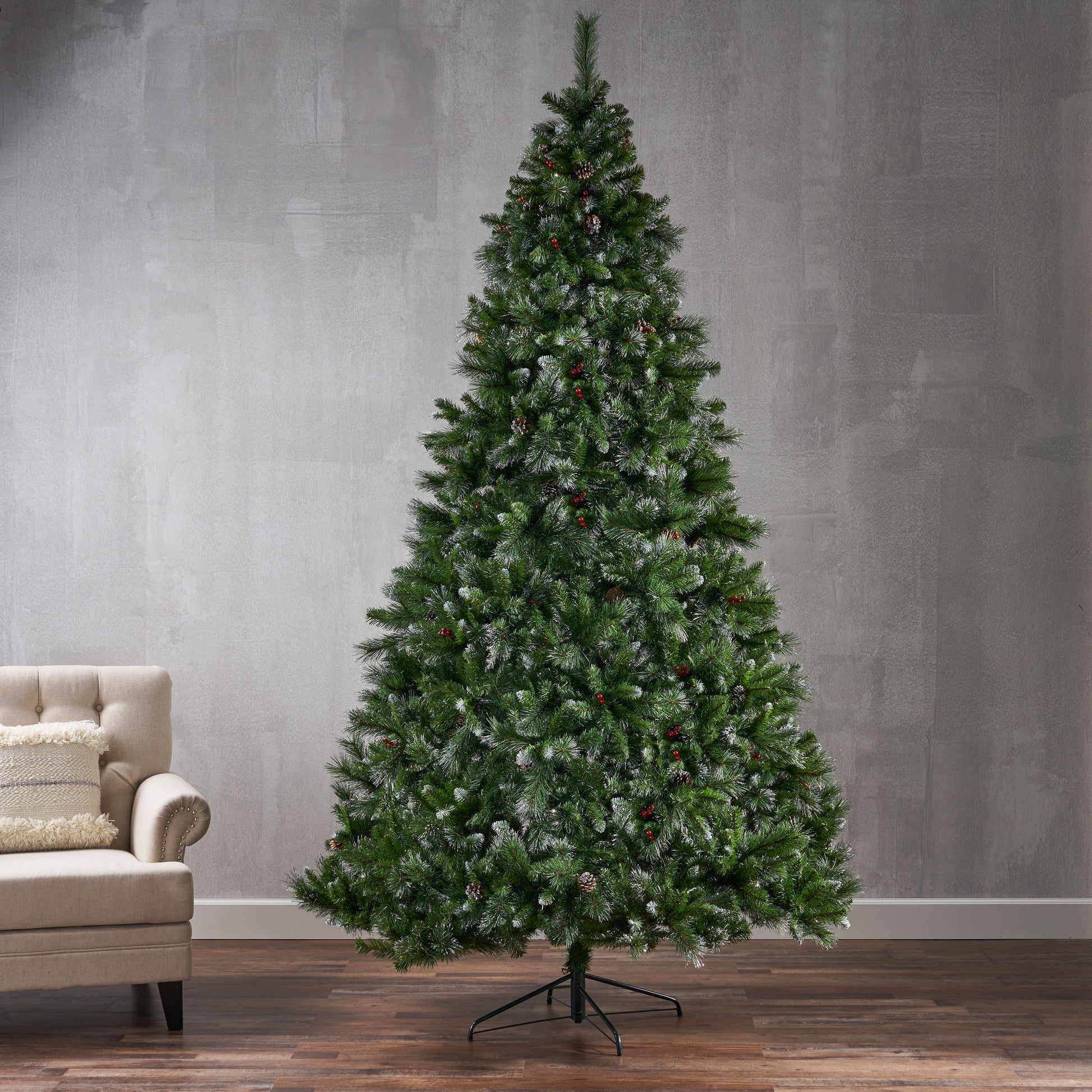 9' Glitter Bristle Mixed Hinged Tree With 72 Red Berry And 73 Pine Cones And 2099 Tips,Dia:66 Green Pvc