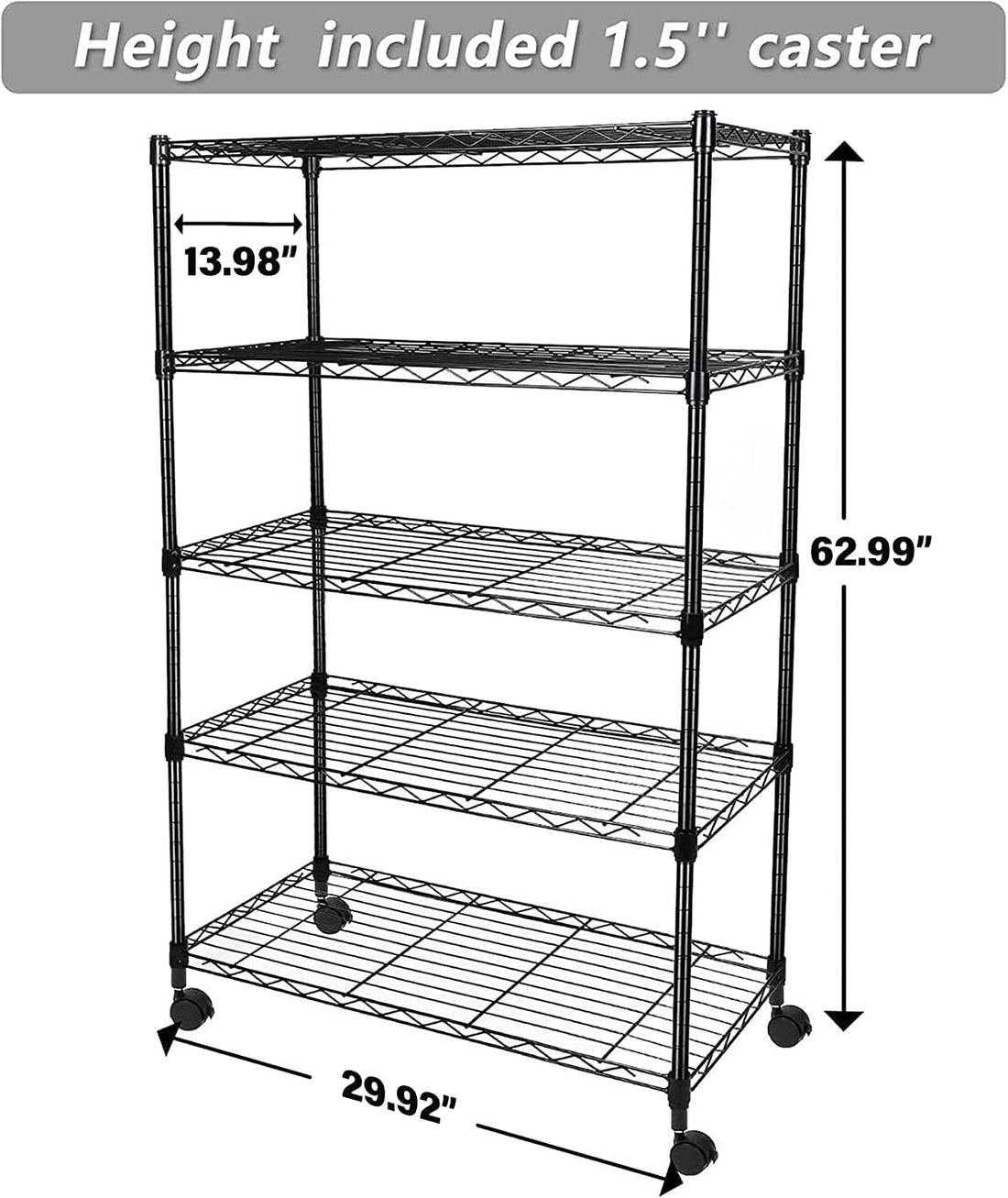 Heavy Duty 5 Shelf Shelving Unit 1250Lb Capacity, 29.92" D X 13.98" W X 62.99" H, 5 Tier, Black Black Steel