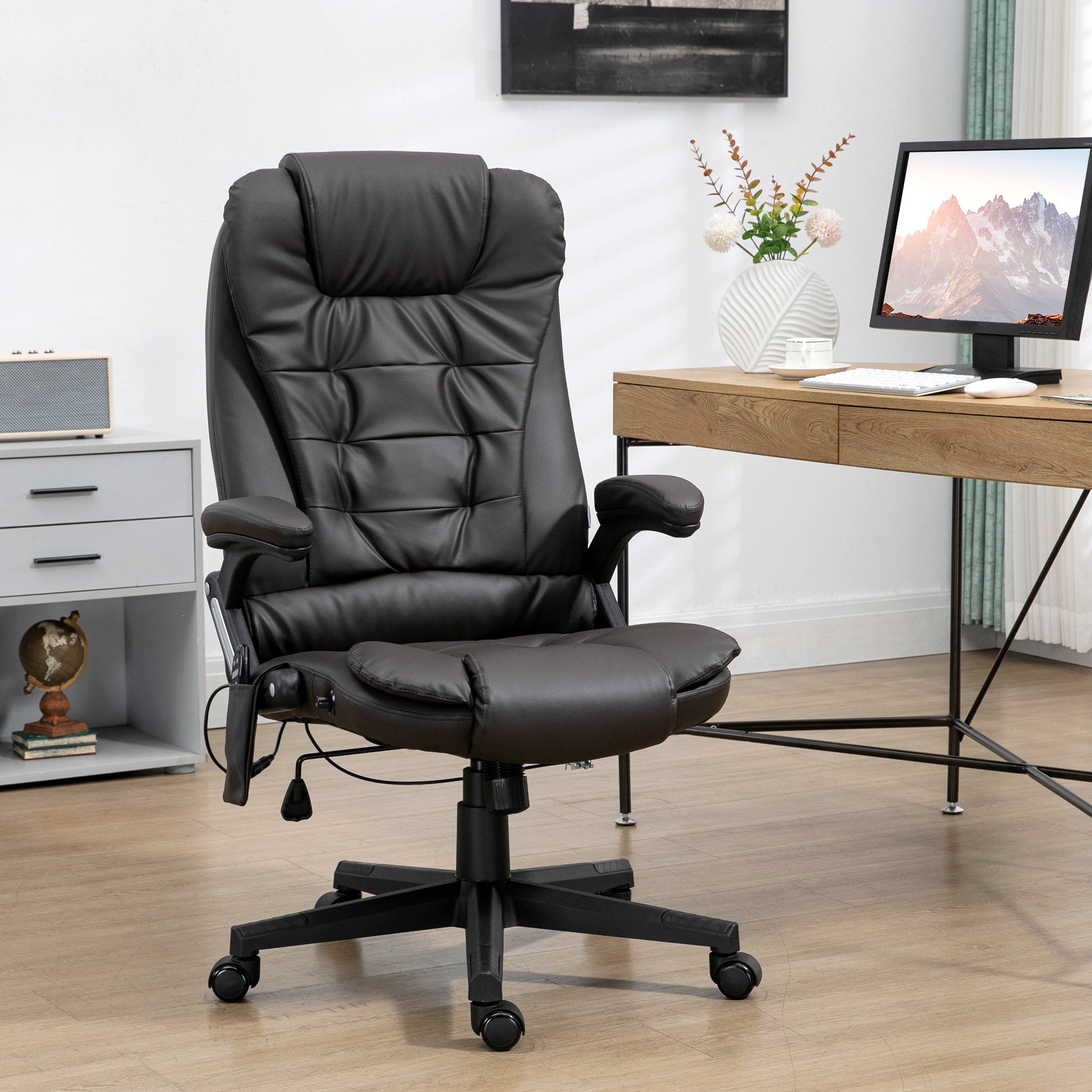 Homcom High Back Vibration Massage Office Chair With 6 Vibration Points, Heated Reclining Pu Leather Computer Chair With Armrest And Remote, Dark Brown Brown Pu