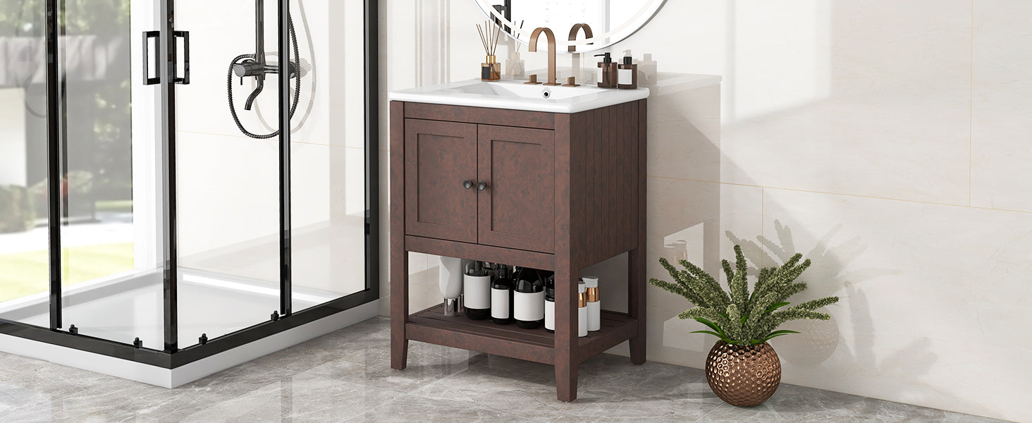 Video 24" Brown Modern Sleek Bathroom Vanity Elegant Ceramic Sink With Solid Wood Frame Open Style Shelf Brown Solid Wood Mdf