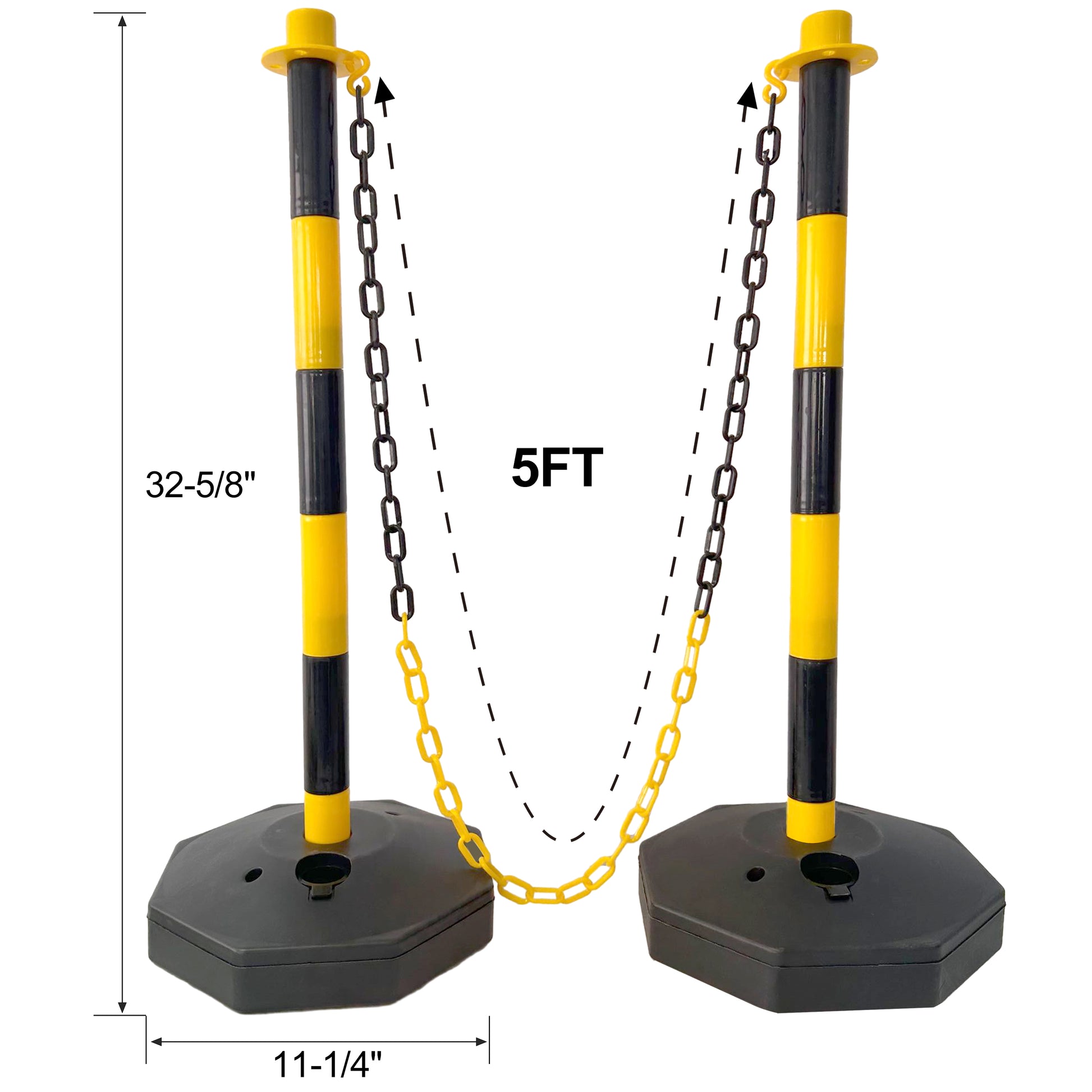 12 Pack Traffic Delineator Post Cones With Fillable Base, Adjustable Plastic Safety Barrier With 5Ft Plastic Chain, Outdoor And Indoor Crowd Control Stanchion For Traffic Control And Warning Y B Yellow Black Plastic