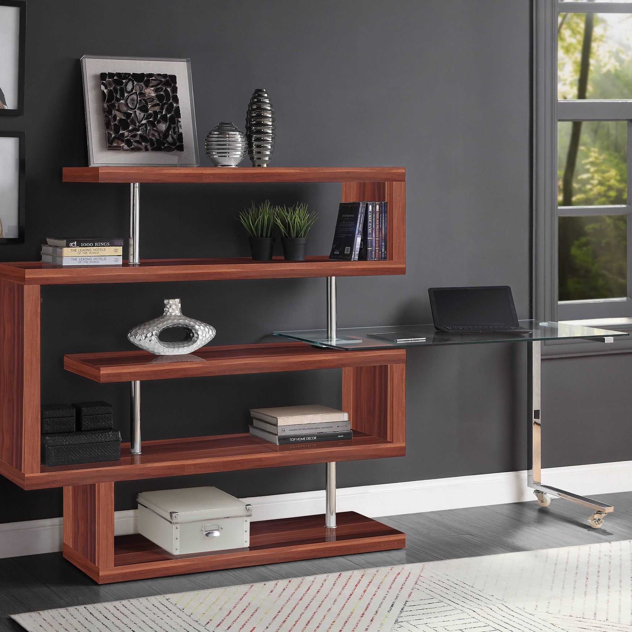 Buck Ii Clear Glass, Chrome High Gloss Finish Writing Desk With Shelf Walnut Synthetic Wood