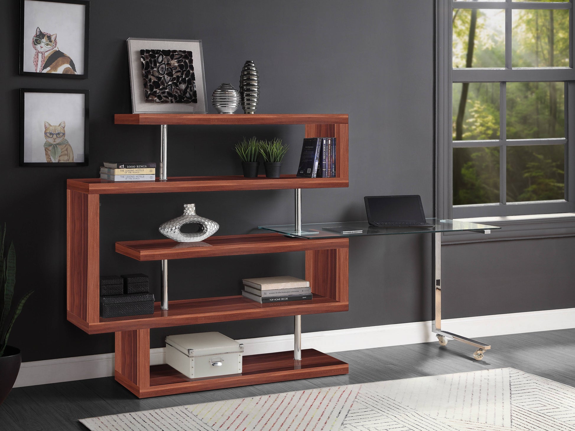 Buck Ii Clear Glass, Chrome High Gloss Finish Writing Desk With Shelf Walnut Synthetic Wood