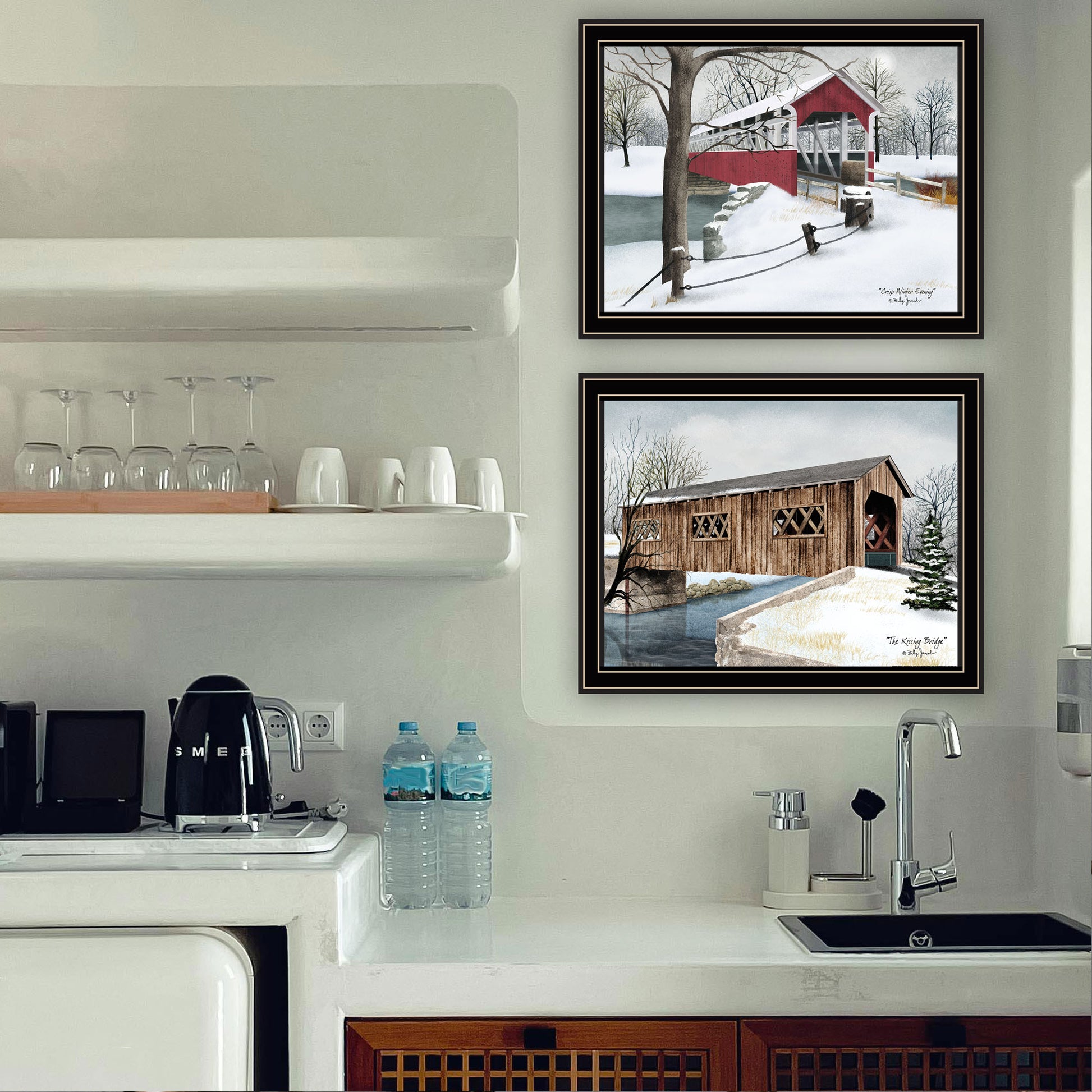 2 Piece Vignette Winter Covered Bridges Black Framed Wall Art For Living Room, Bedroom Wall Art Print For Home Decor By Billy Jacobs Multicolor Wood Paper