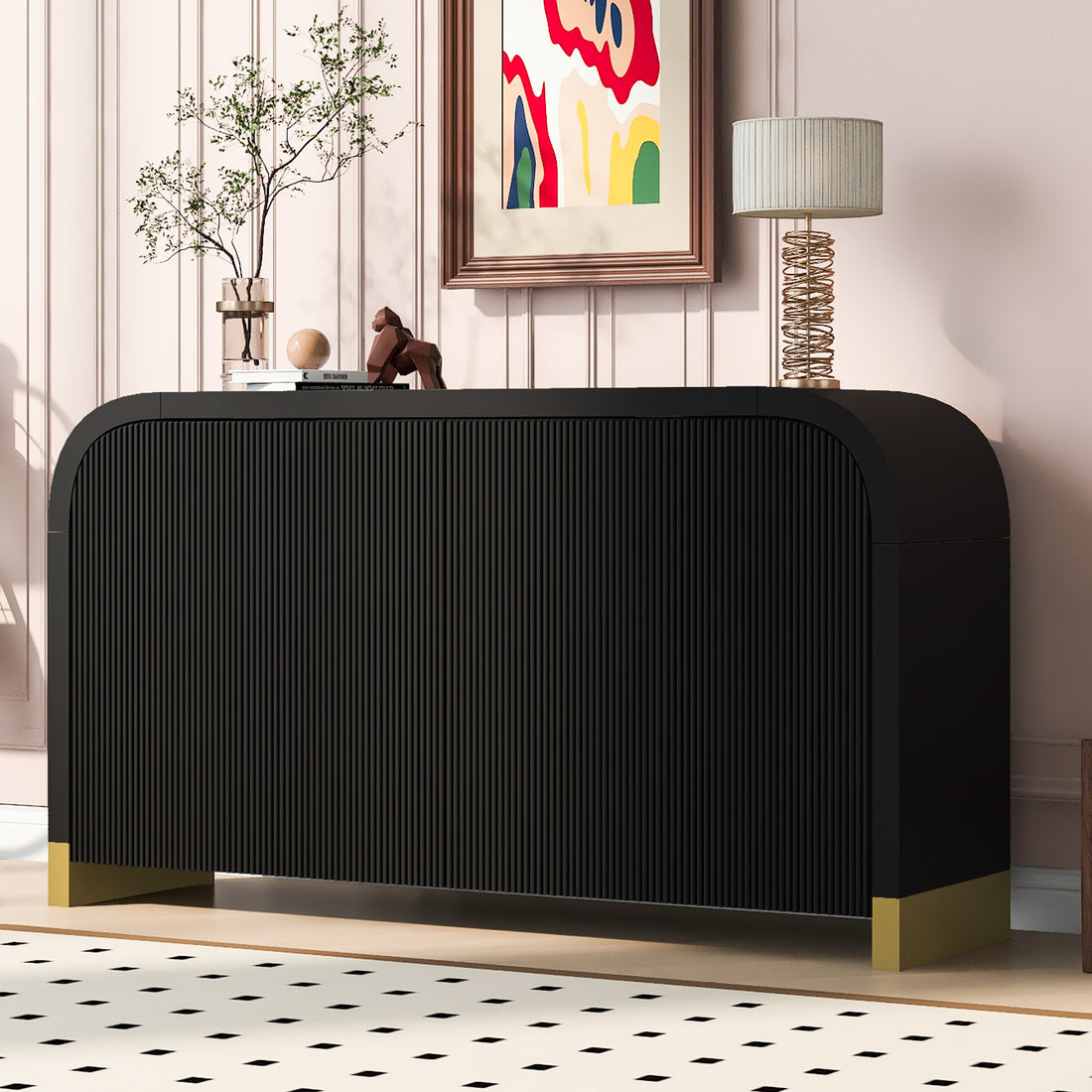 4 Door Curved Corner Design Wavy Door Panel Cabinet With Adjustable Shelves, Suitable For Study, Living Room And Entrance Black Mdf