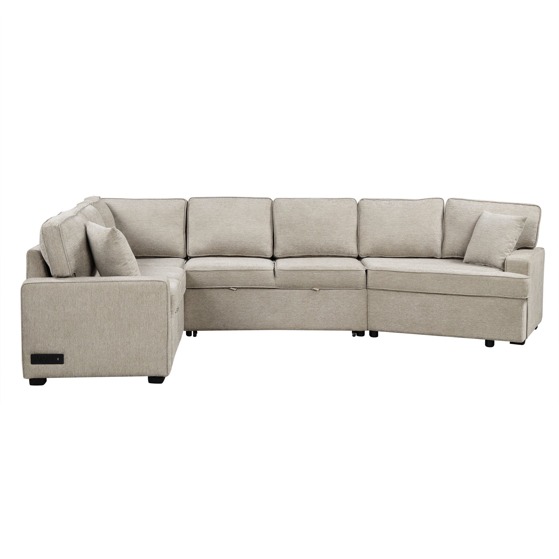 126" L Shaped Sofa Sectional Sofa Couch Pull Out Sofa Bed With Charging Devices And Cup Holders For Living Room, Beige Beige Foam Chenille 6 Seat