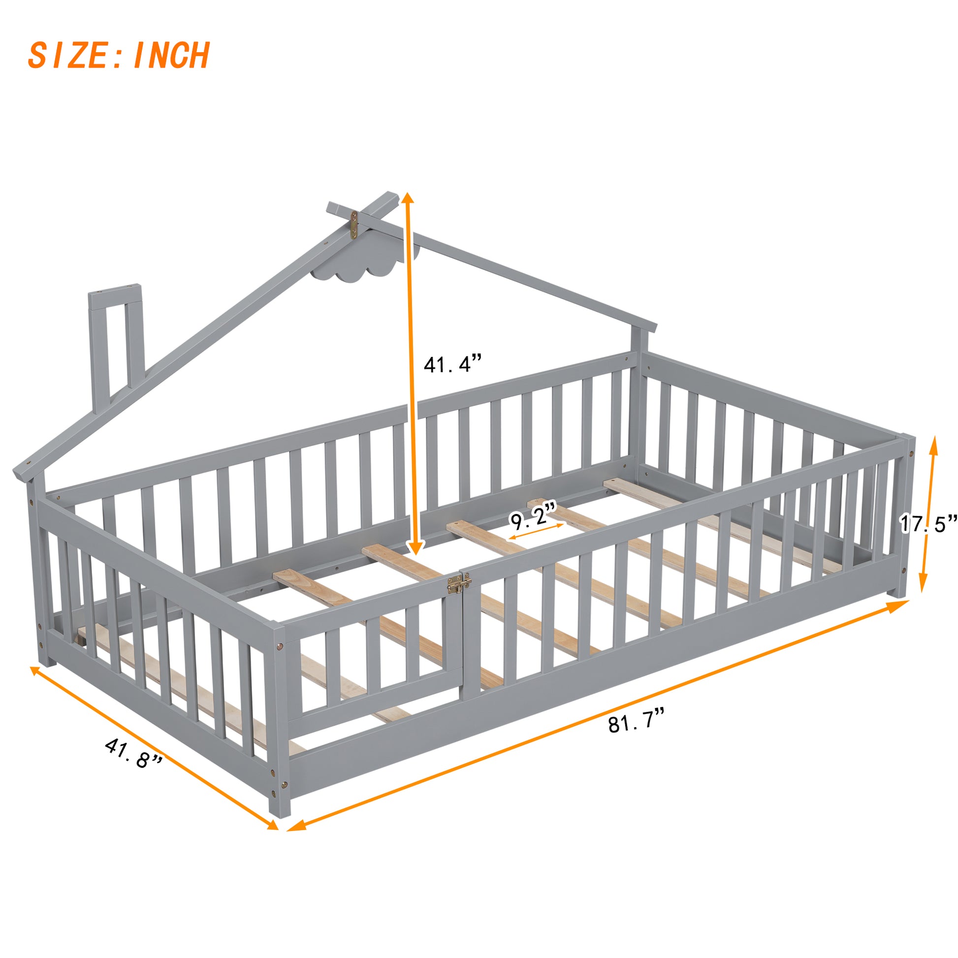 Twin House Shaped Bedside Floor Bed With Guardrails, Slats, With Door,Grey Twin Grey American Design Pine