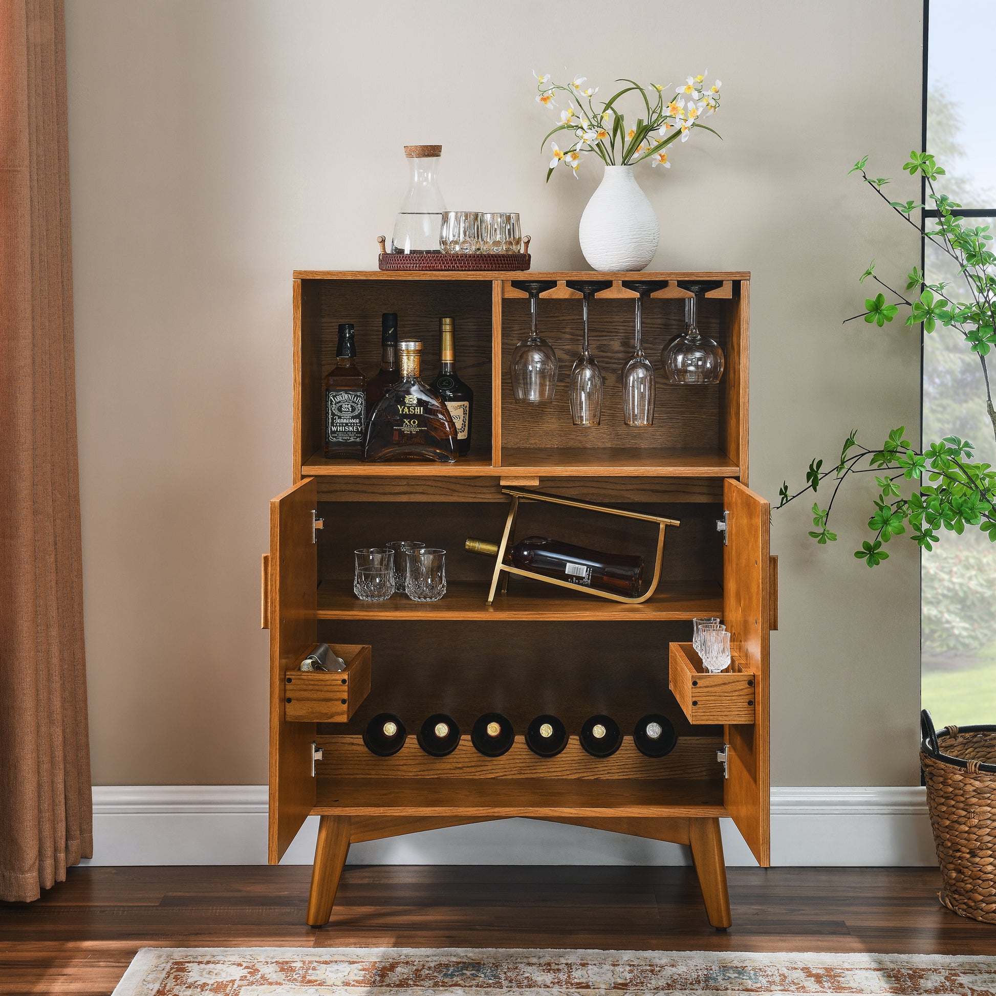 31.5" Liquor Cabinet With Wine Glass Holder & Wine Rack & Adjustable Shelf, Wine Cabinet, Kitchen Coffee Bar Cabinet, Rustic Sideboard Buffet Cabinet With Storage For Home Farmhouse Dining Room Wood Mdf