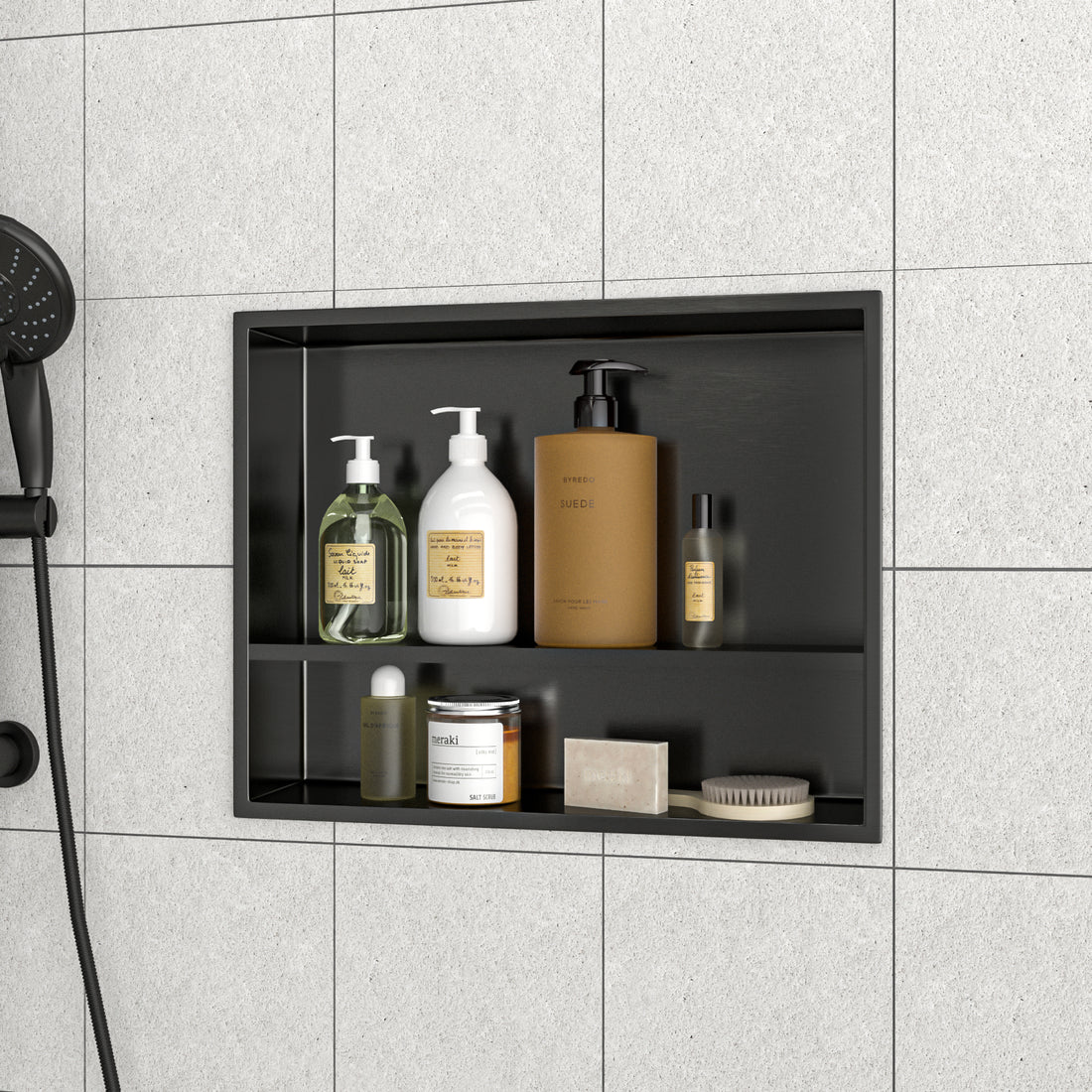 19" X 15" Stainless Steel Shower Niche Double Shelf, Gunmetal Black Gunmetal Black Stainless Steel