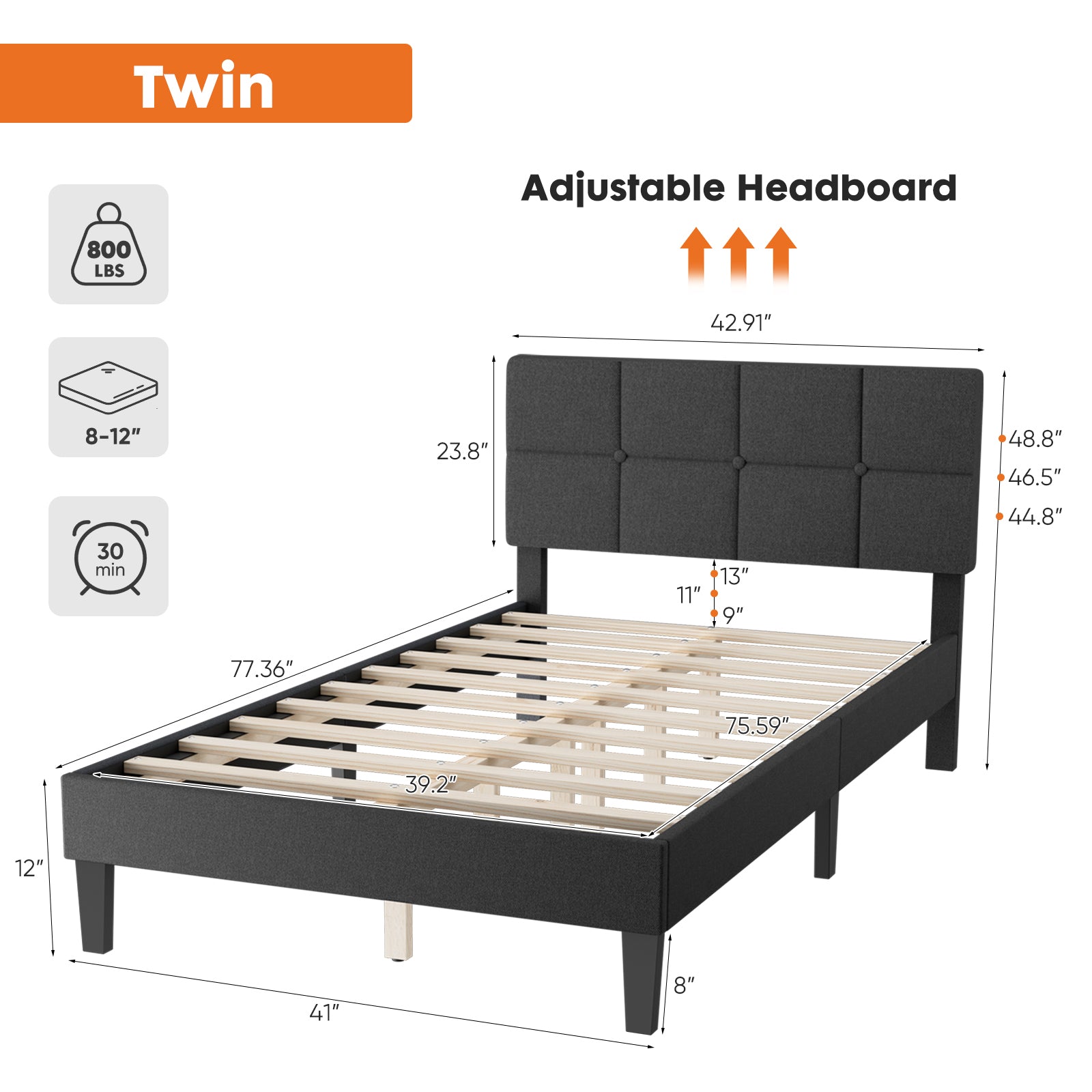 Twin Size Bed Frame Linen Upholstered Platform Bed With Headboard, No Box Spring Needed With 800Lbs Sturdy Wooden Slats Support, No Noise, Easy Assembly, Dark Grey Dark Grey Metal & Wood