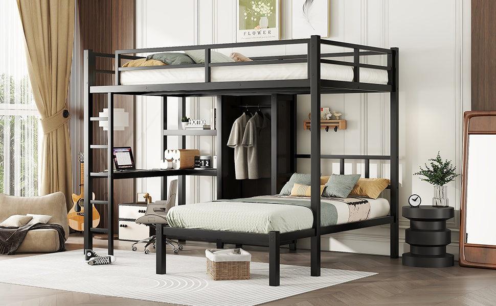 Metal Full Xl Over Twin Bunk Bed With Desk,Bookshelf ,Storage Shelves And Wardrobe,Black Black Metal