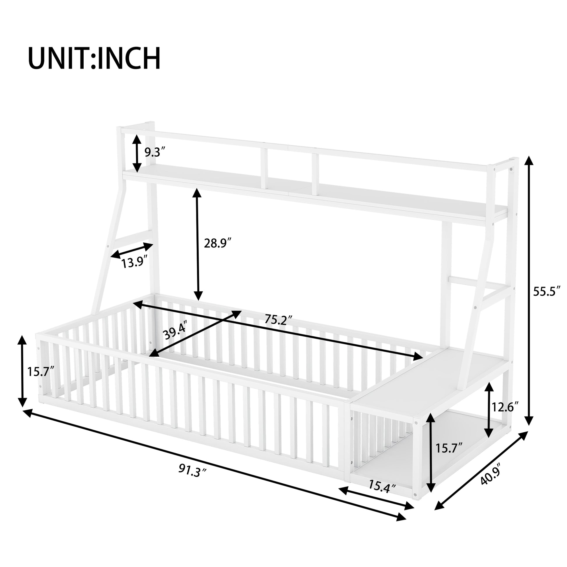 Twin Size Floor Bed Frame With Safety Fence, Metal Floor Bed With Desk And Storage Shelves, Playhouse For Kids, White Twin Off White Metal