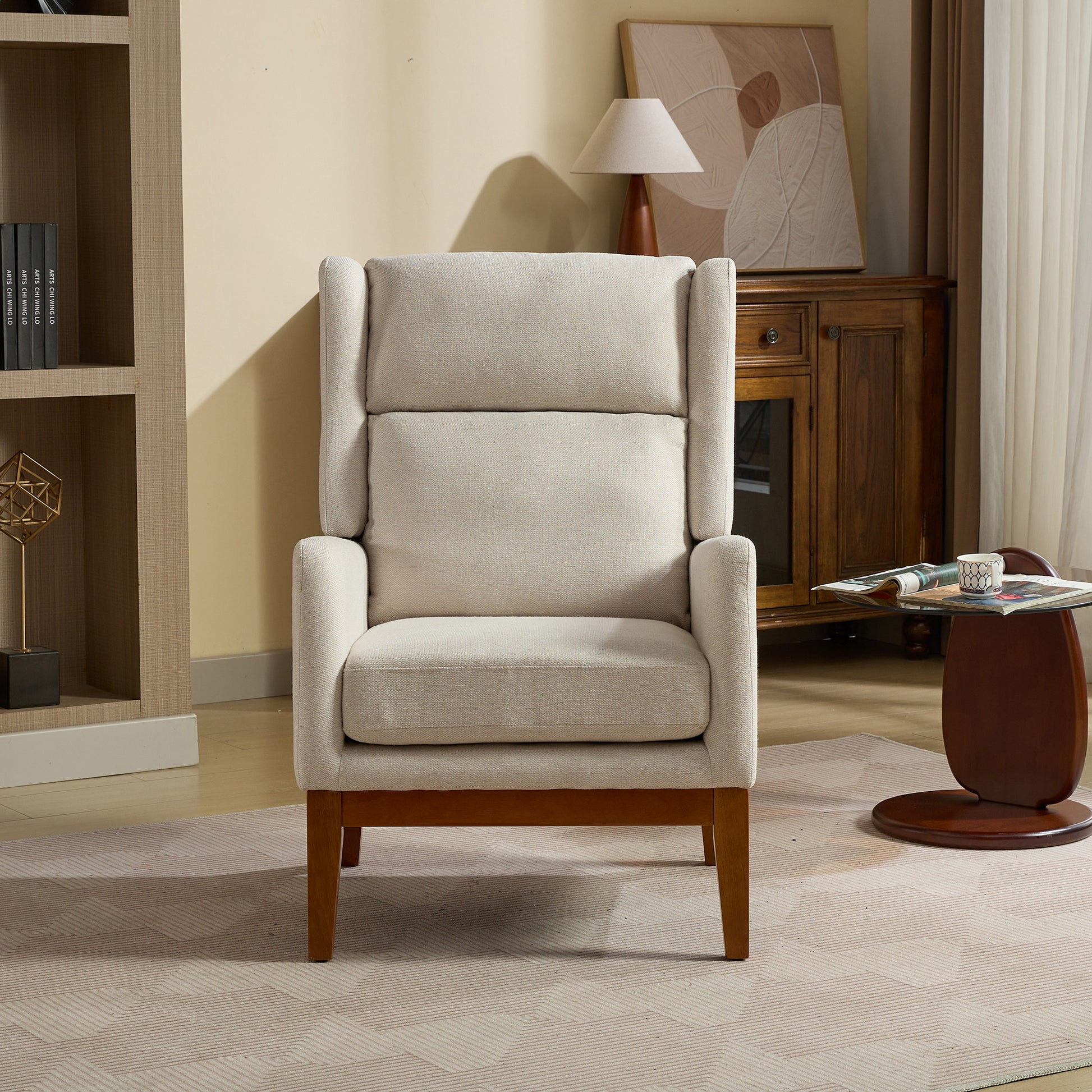 26.18" Wide Modern Accent Chair,Polyester Blend High Back Reading Chair ,Upholstered Armchair Club Chair,Single Sofa With Wood Legs For Living Room,Bedroom,Reading Room,Office,Beige Beige Foam