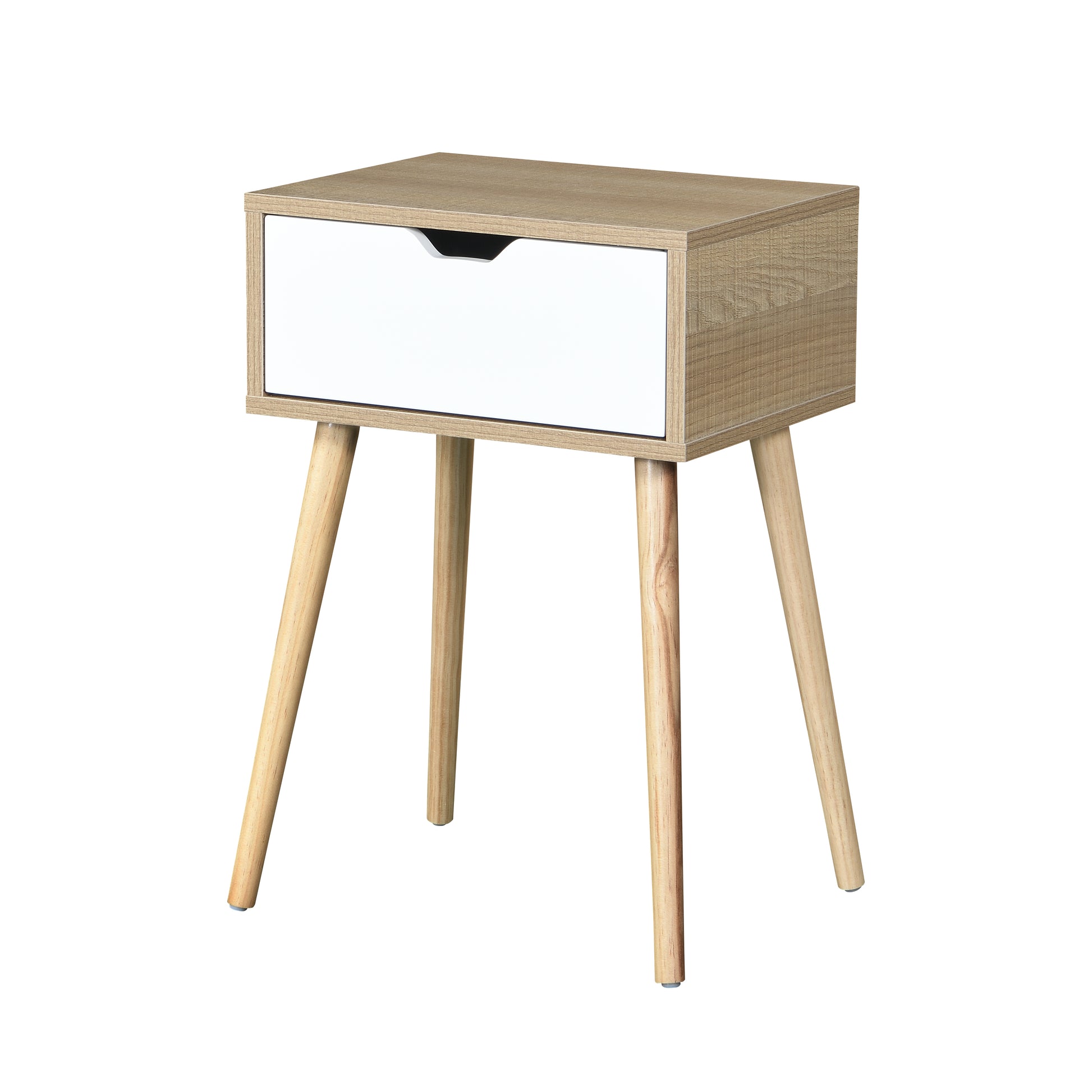 Side Table With 1 Drawer And Rubber Wood Legs, Mid Century Modern Storage Cabinet For Bedroom Living Room Furniture, White With Solid Wood Color Natural Mdf