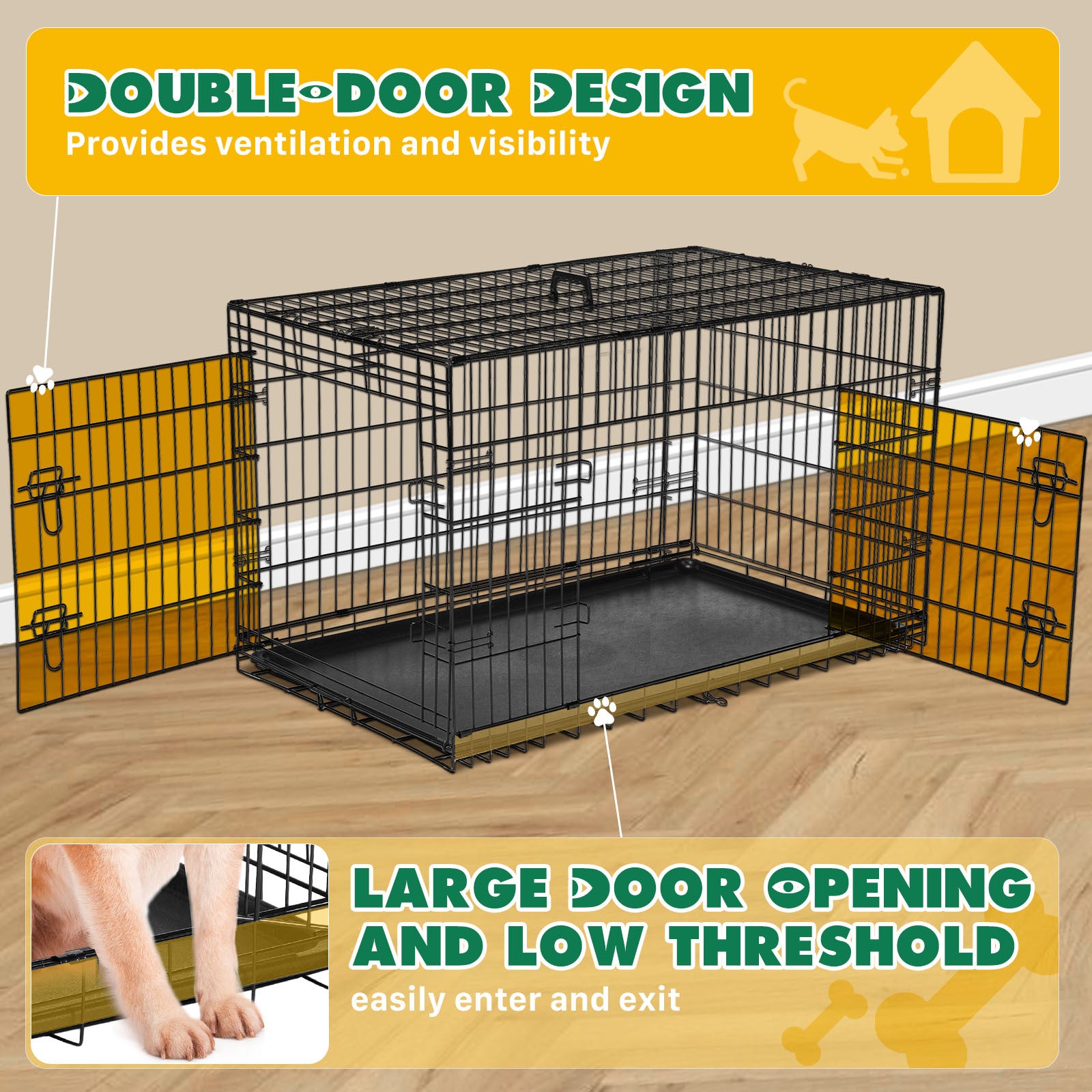 Dog Crate With Divider Panel,30 Inch Double Door Folding Metal Wire Dog Cage With Plastic Leak Proof Pan Tray, Pet Kennel For Indoor Black Iron