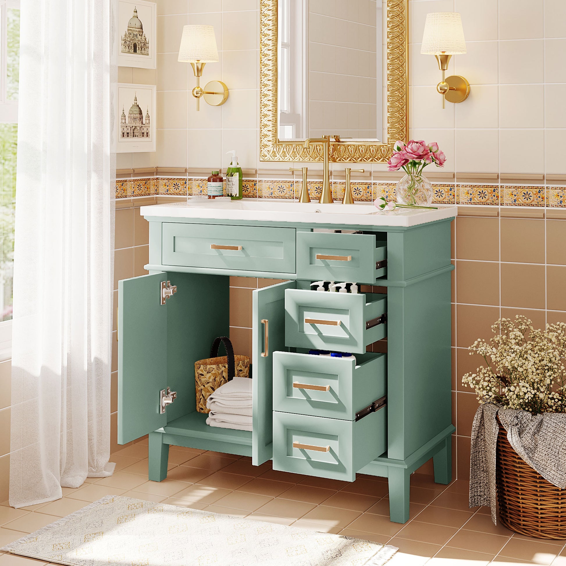 36 Inch Bathroom Vanity With Resin Sink, Modern Bathroom Cabinet In Green, Featuring Two Soft Close Doors And Four Drawers Green Bathroom Solid Wood Mdf Resin