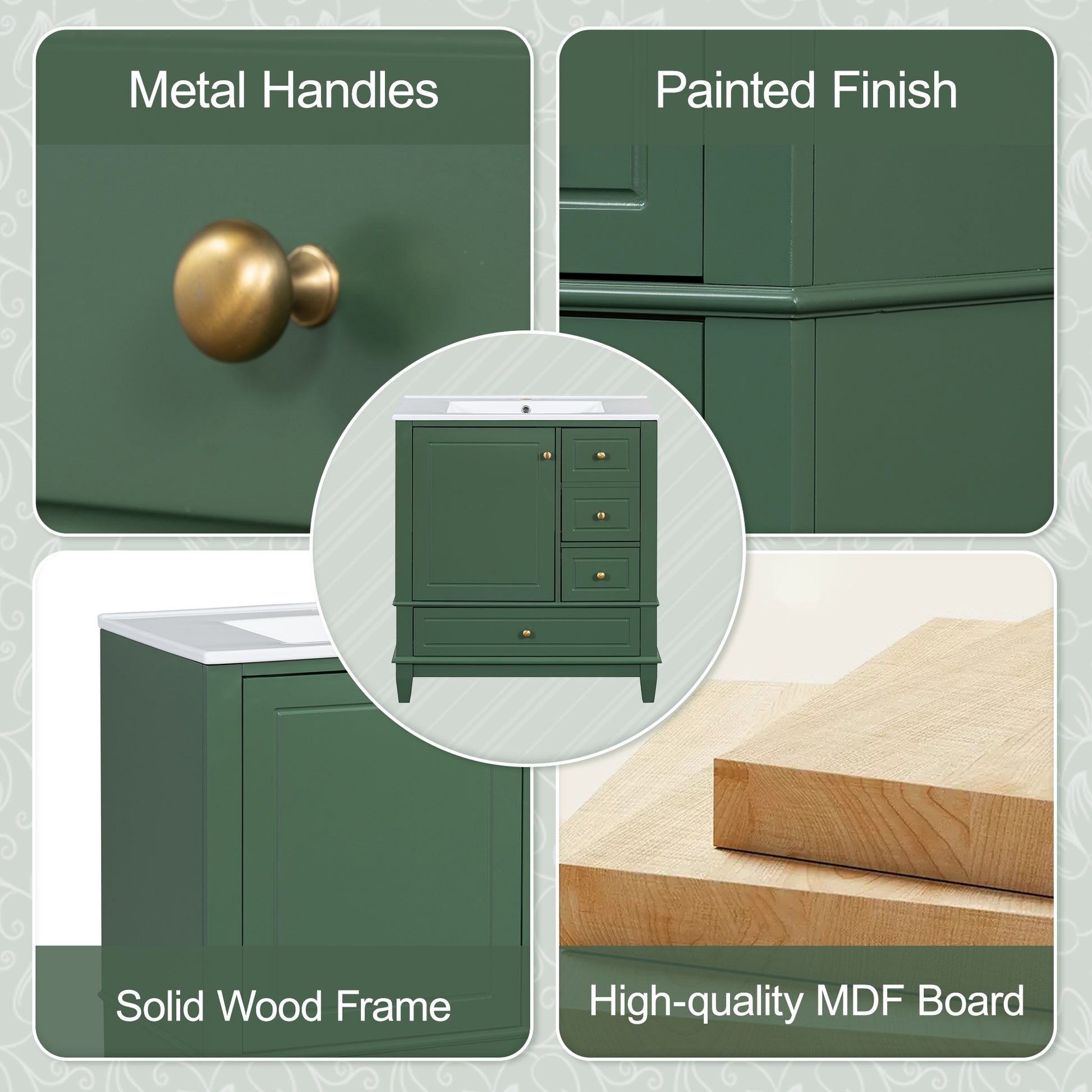30" Bathroom Vanity With Sink, One Door With Shelf And Three Drawers, Soft Close Door, Green Green Ceramic Mdf,Rubber Wood