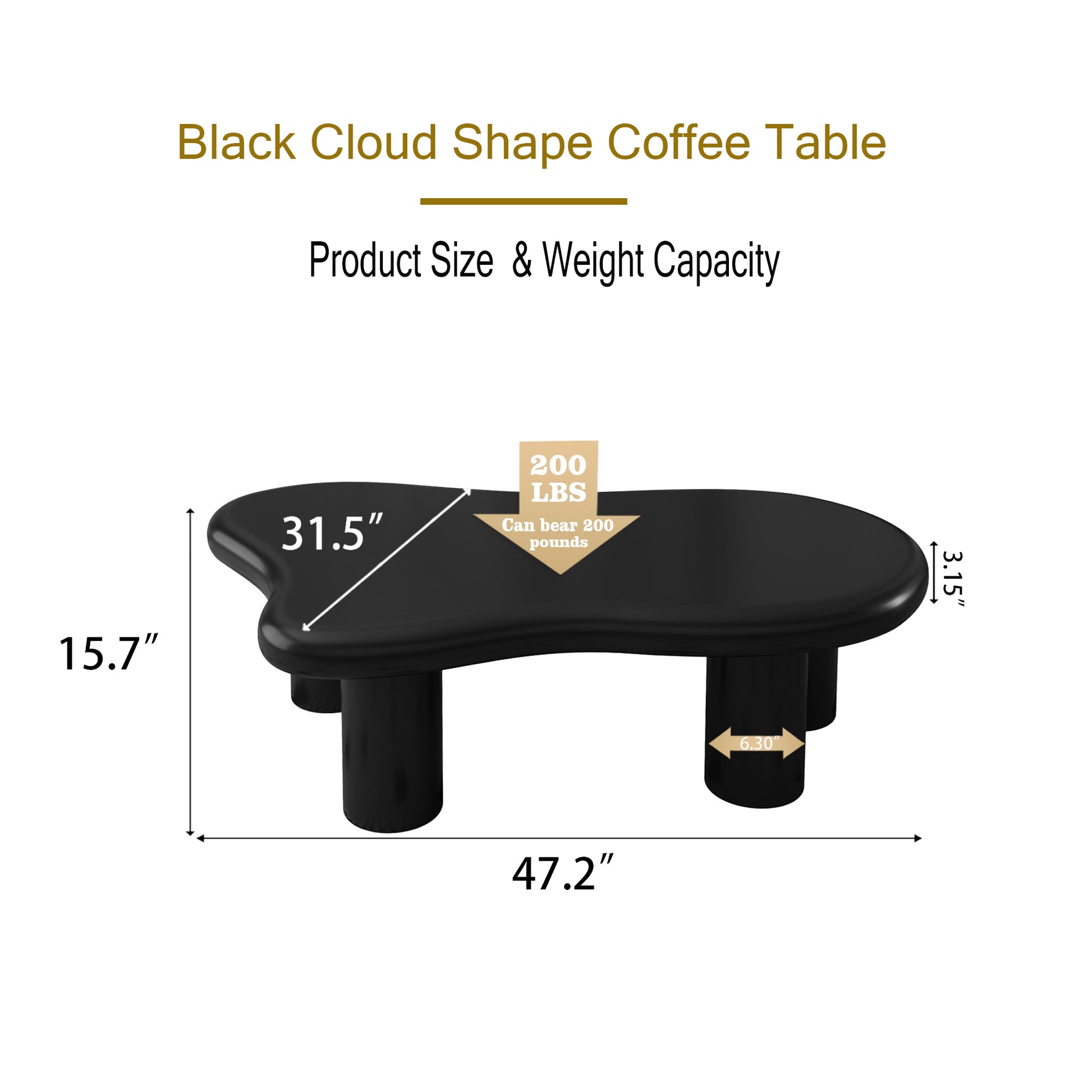 47 Inch Black Cloud Shaped Coffee Table For Living Room Matte Black Primary Living Space Modern Lacquered Mdf