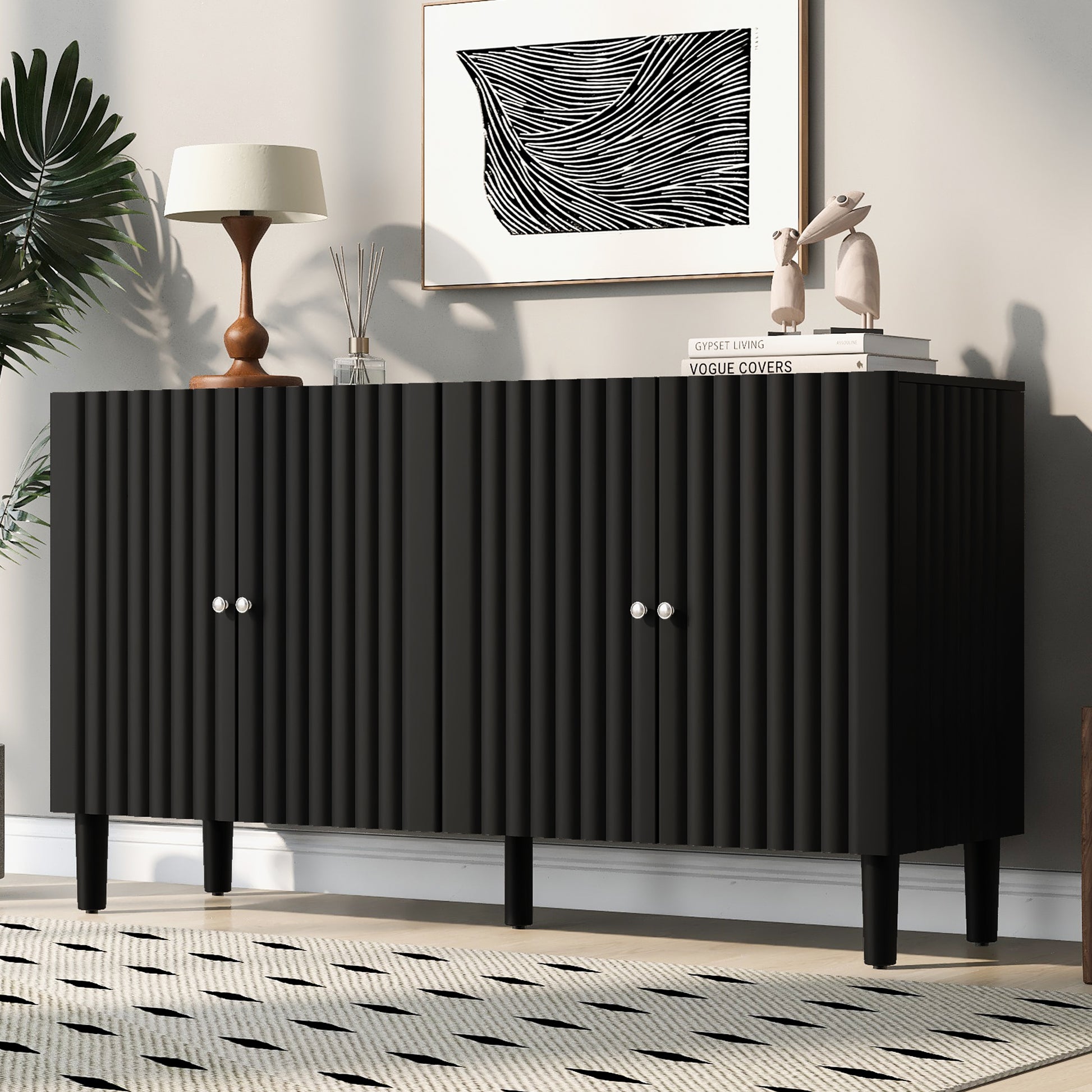 Elegant Four Door Sideboard With Wavy Pattern Doors, Cylindrical Legs, And Sleek Metal Handles, Adjustable, Suitable For Study, Entryway And Living Room Black Primary Living Space American Design