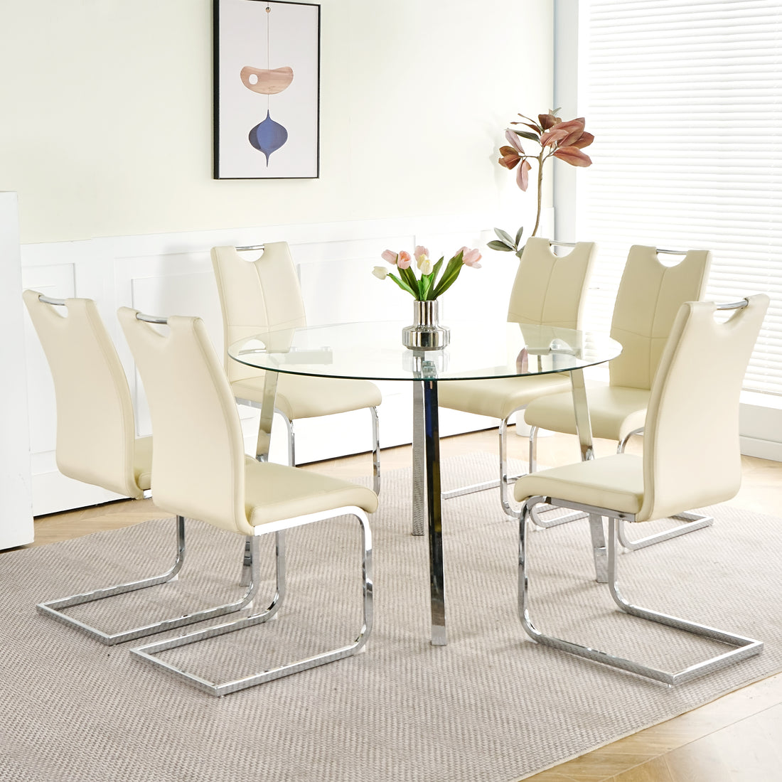 Modern Simple Table With A Glass Round Table And Six Chairs. Transparent Tempered Glass Table Top, Electroplated Table Legs, Bow Chair Legs Set Of 7 Light Yellow Round Glass Metal