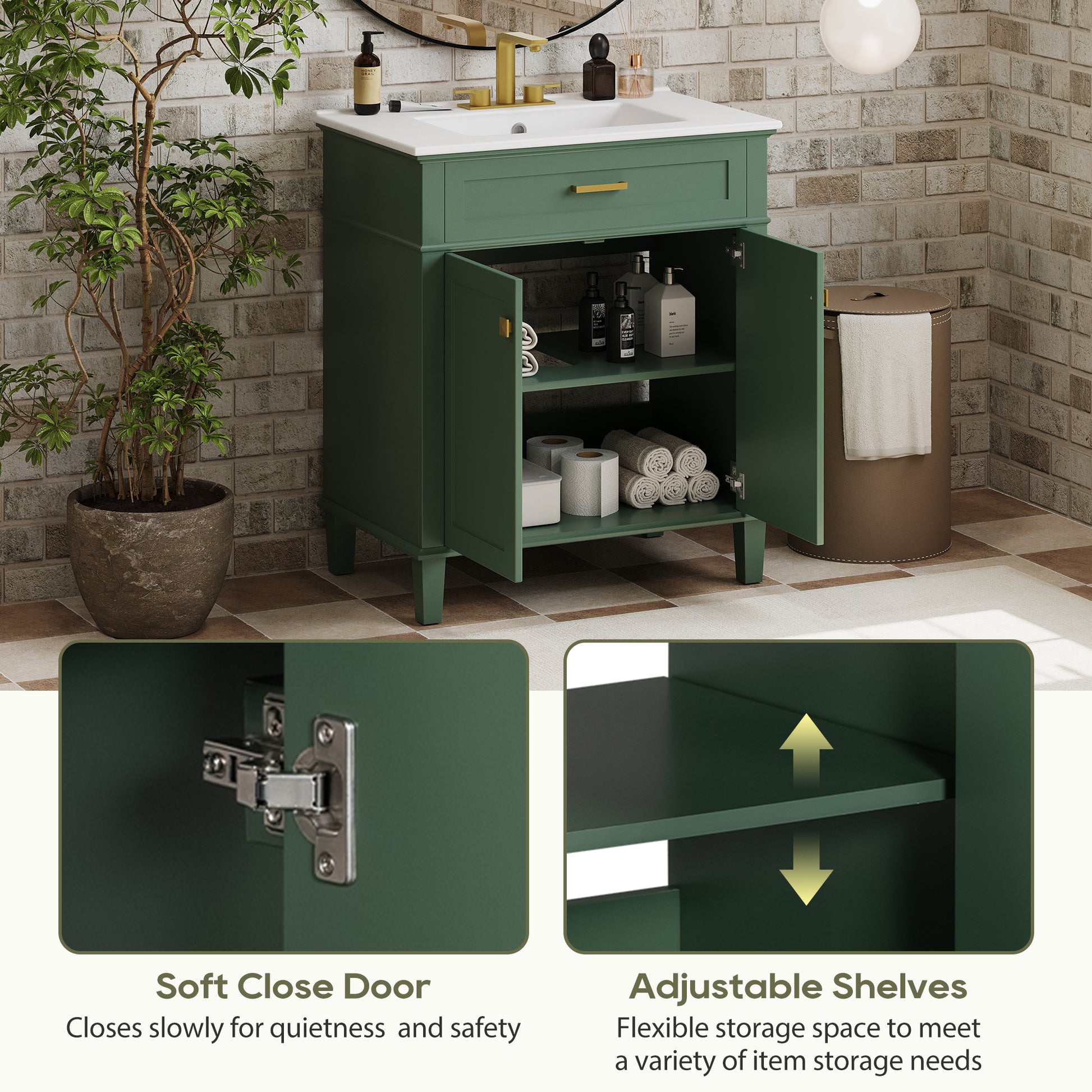 30 Inch Bathroom Vanity With Ceramic Basin, Soft Close Door And Adjustable Shelves Green Bathroom Solid Wood Mdf
