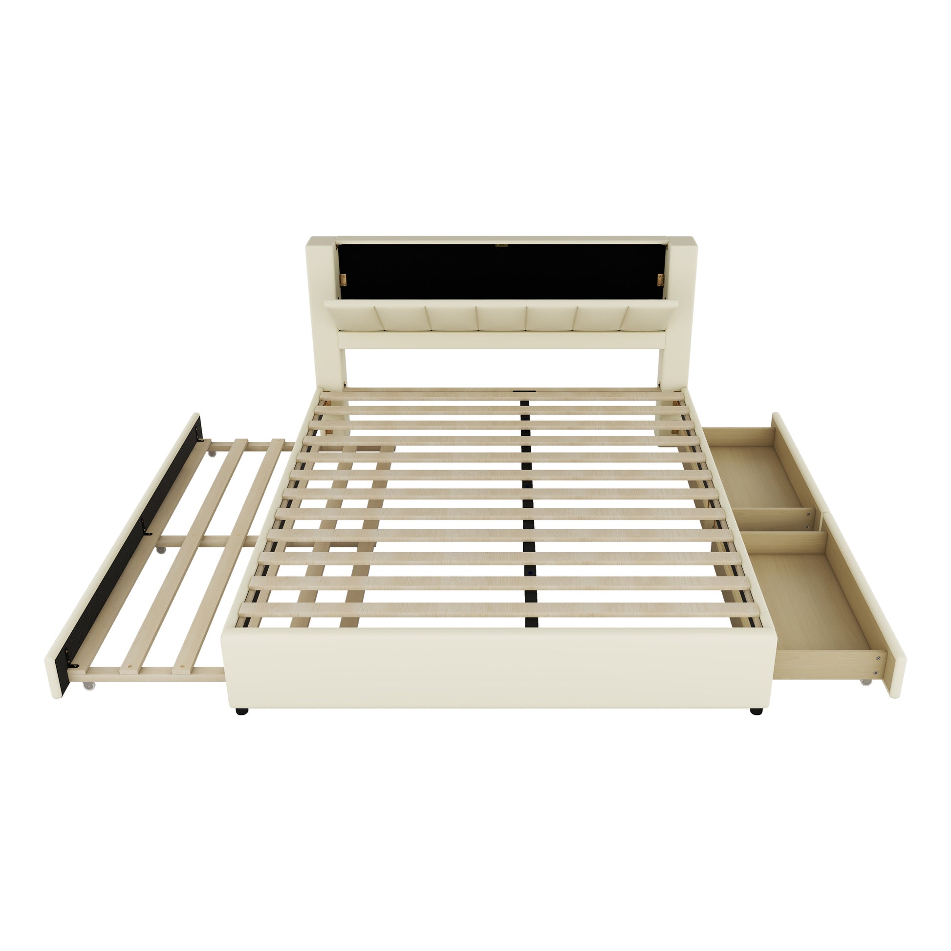 King Size Upholstery Platform Bed With Storage Headboard, 2 Drawers And Trundle,Beige King Beige Upholstered