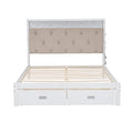 Wood Queen Size Platform Bed With Upholstered Headboard And Led And 2 Drawers, Antique White Box Spring Not Required Queen Antique White Wood Bed Frame Solid Wood Mdf