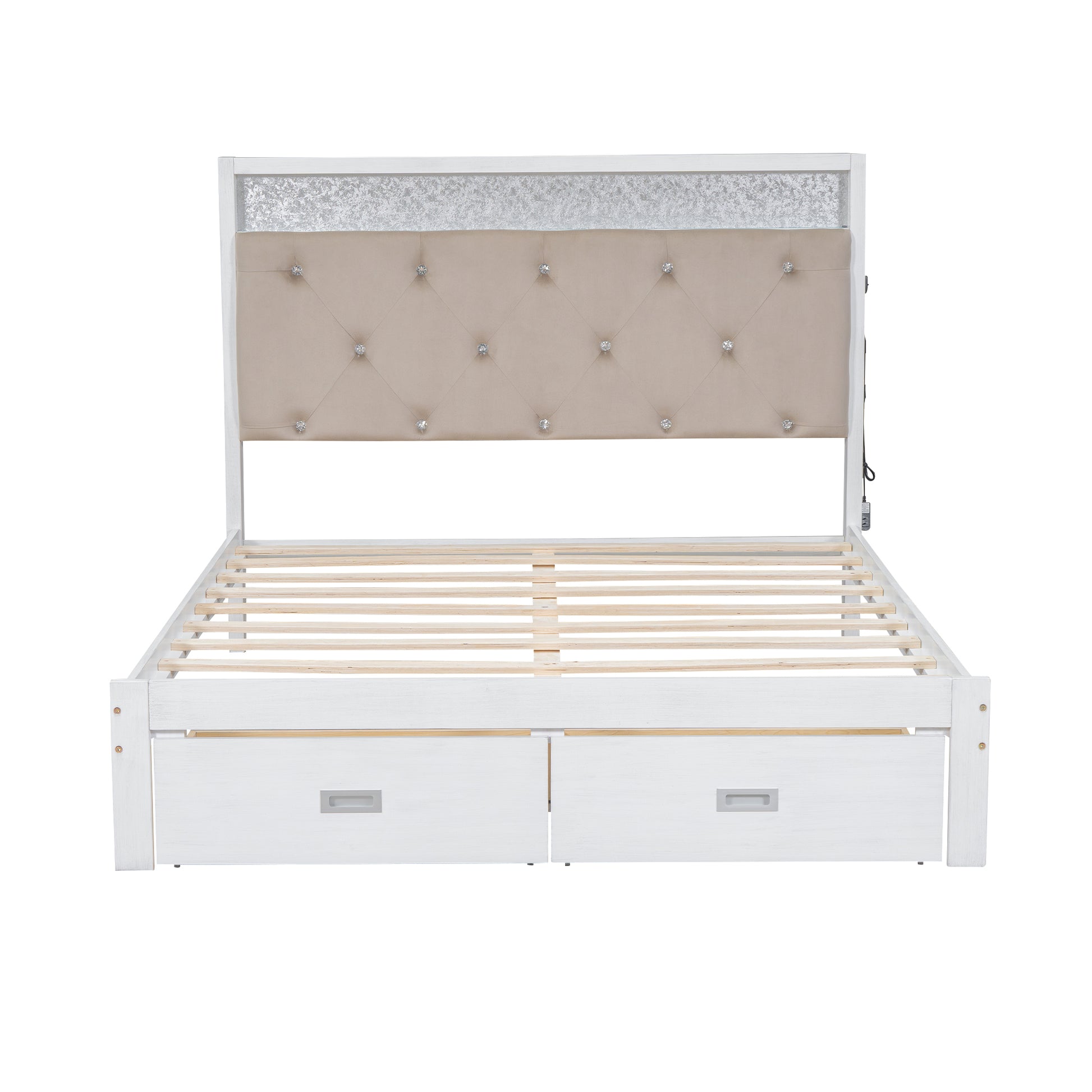 Wood Queen Size Platform Bed With Upholstered Headboard And Led And 2 Drawers, Antique White Box Spring Not Required Queen Antique White Wood Bed Frame Solid Wood Mdf