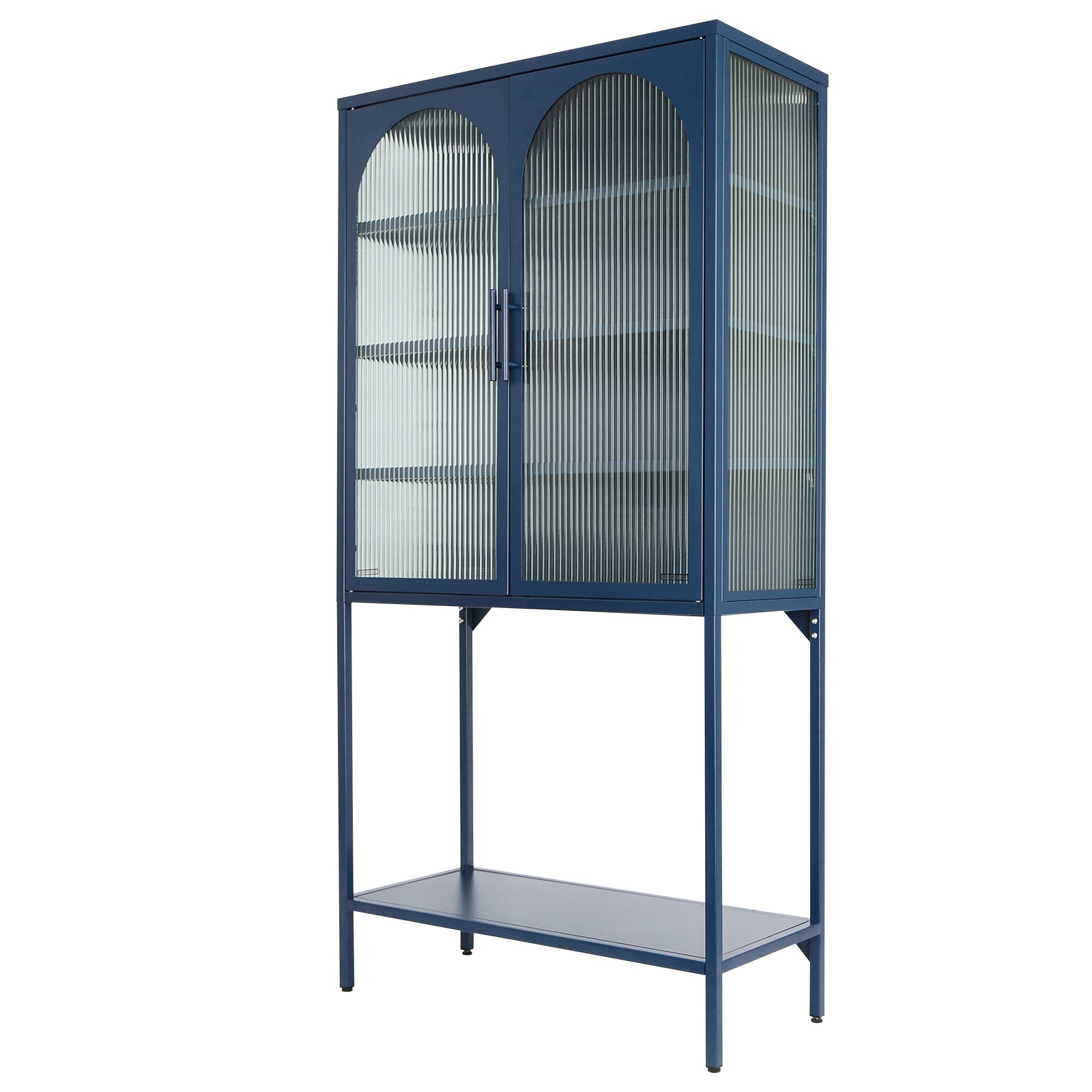 Elegant Floor Cabinet With 2 Glass Arched Doors Living Room Display Cabinet With Adjustable Shelves Anti Tip Dust Free Easy Assembly Blue Blue Tempered Glass Sheet Metal Plastic