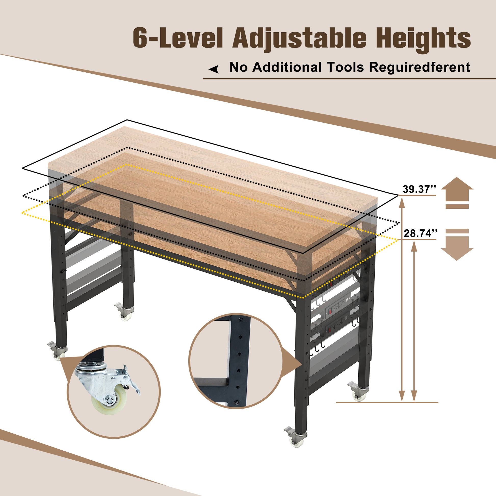 60" Adjustable Workbench For Garage, Rubber Wood Heavy Duty Workstation With Power Outlets & Wheels, 2000 Lbs Load Capacity Hardwood Worktable For Workshop, Garage, Office, Home, Commercial Black Metal & Wood