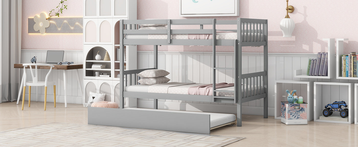 Twin Over Twin Rubber Wood Bunk Bed With Trundle, Convertible Into 2 Twin Size Beds, Twin Size Bunk Bed With Ladder And Safety Guardrails,Grey Twin Grey Rubber Wood