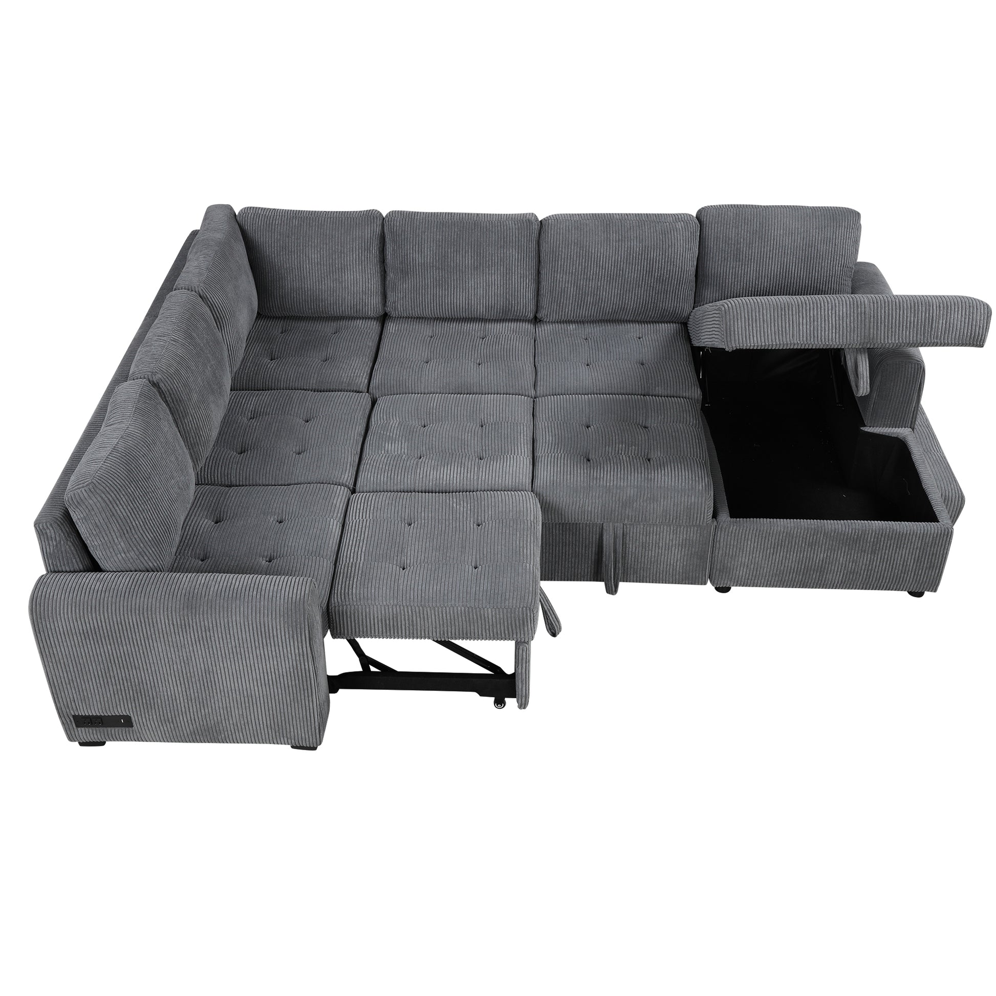 107.5" U Shaped Sofa Sectional Sofa Pull Out Sofa Bed With A Storage Chaise Lounge, Charging Devices For Living Room, Gray Gray Foam Corduroy 5 Seat