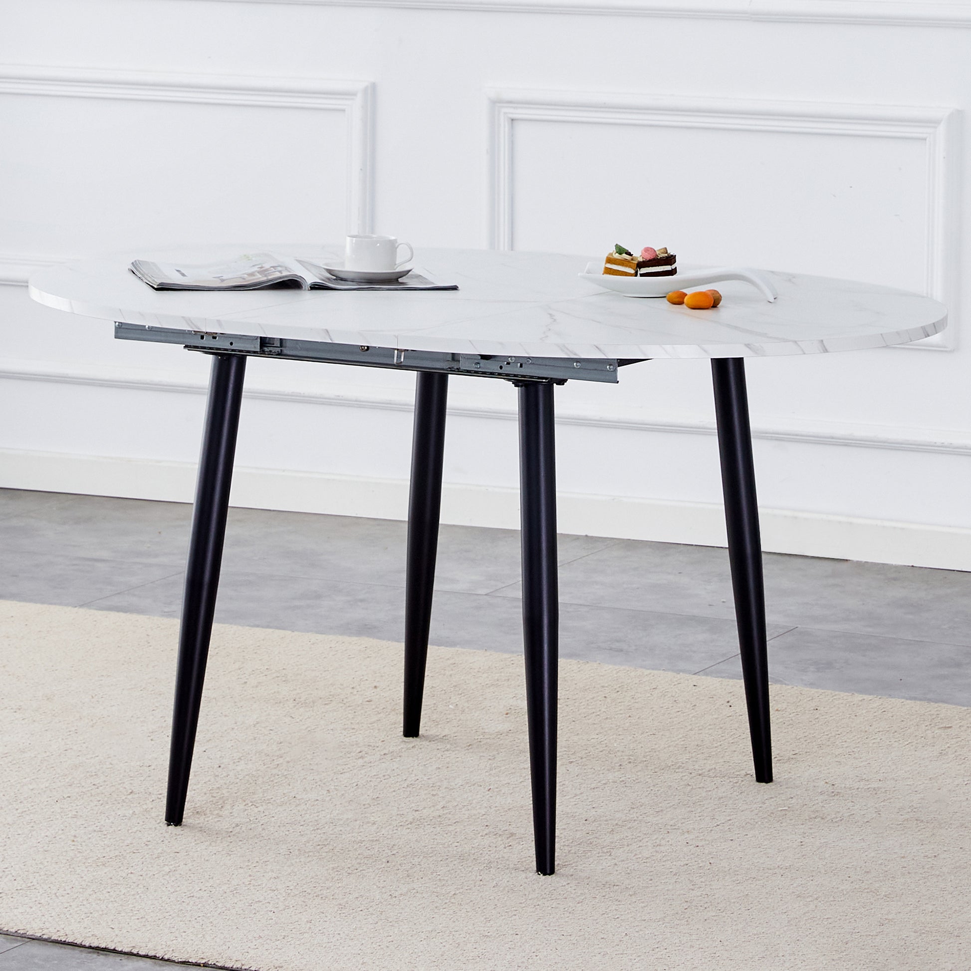 With A Clever Retractable Mechanism, The Mdf Table Top And Black Metal Legs And Has A Smooth And Delicate Surface. The Unique Look Creates The Sleekof A Modern Home. White Mdf Metal