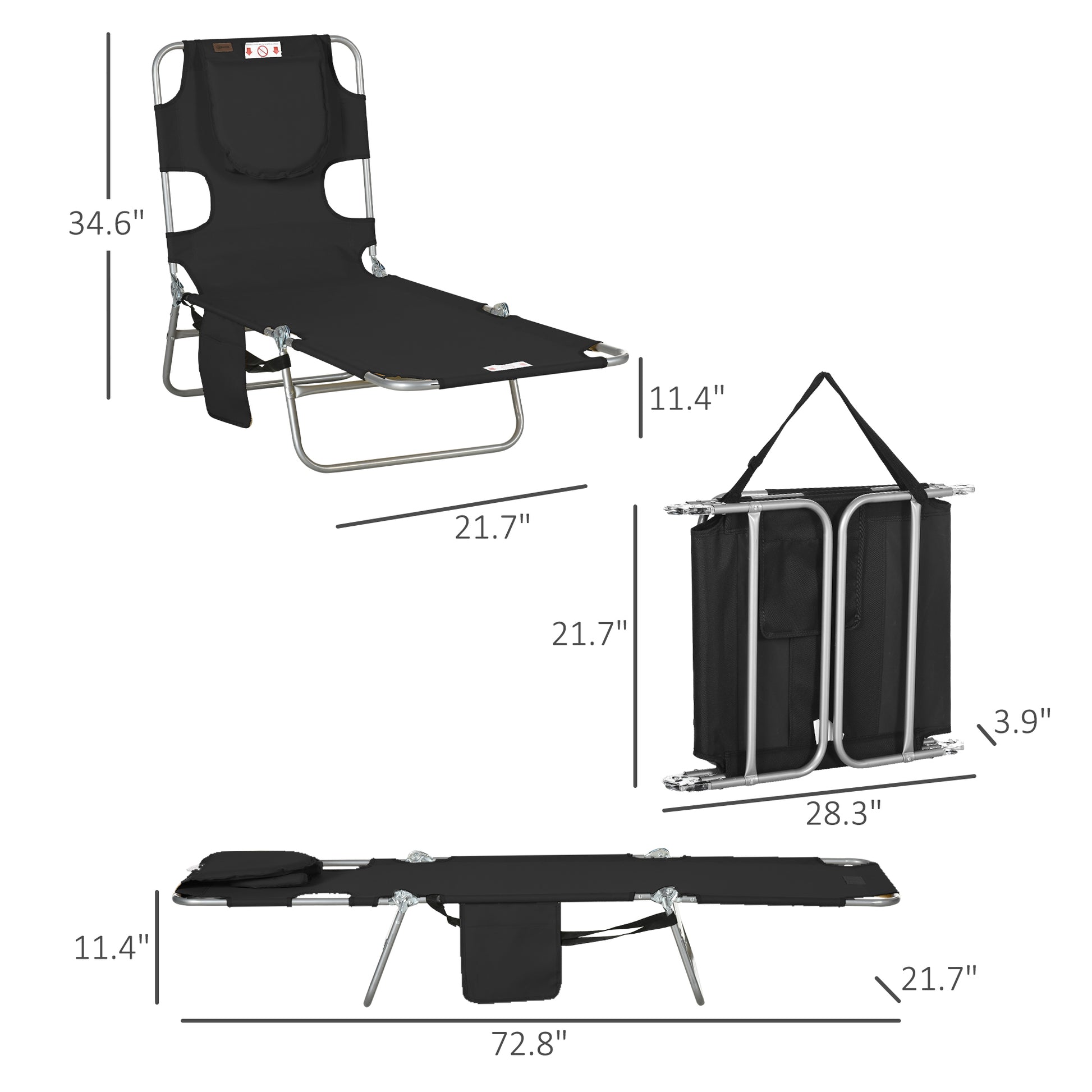 Outsunny Folding Beach Lounge Chair With Face Hole And Arm Slots, 5 Level Adjustable Sun Lounger Tanning Chair With Pillow For Patio, Garden, Beach, Pool, Black Black Oxford Fabric
