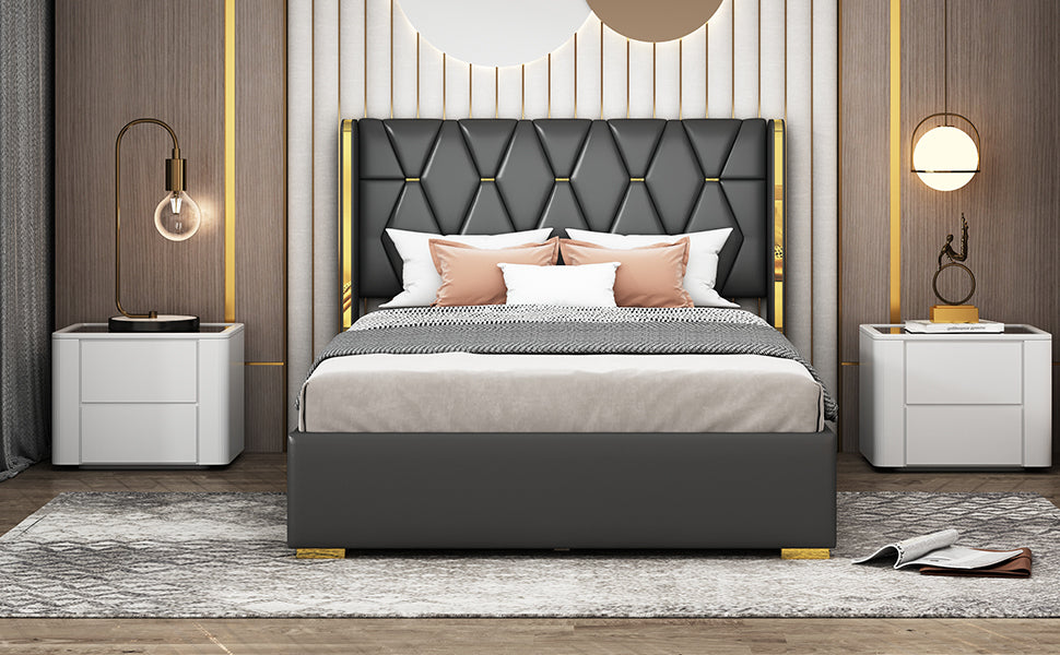 Full Size Upholstered Platform Bed With Metal Strips, Black Full Black Pu