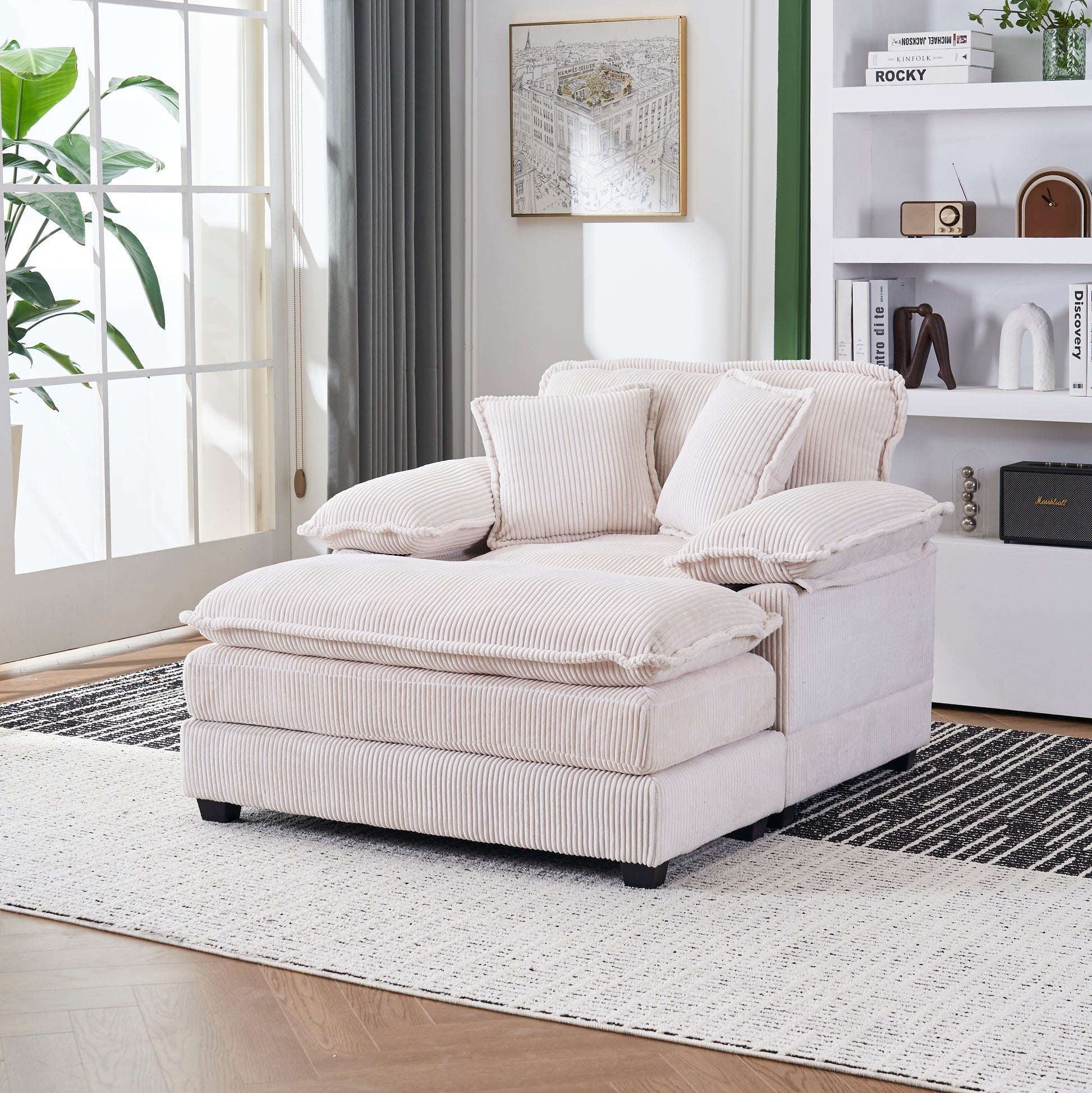 56.3 Inch Corduroy Single Sofa With 2 Toss Pillows And A Ottoman ,Comfy Sofa Deep Seat Couch For Living Room White Foam 1 Seat