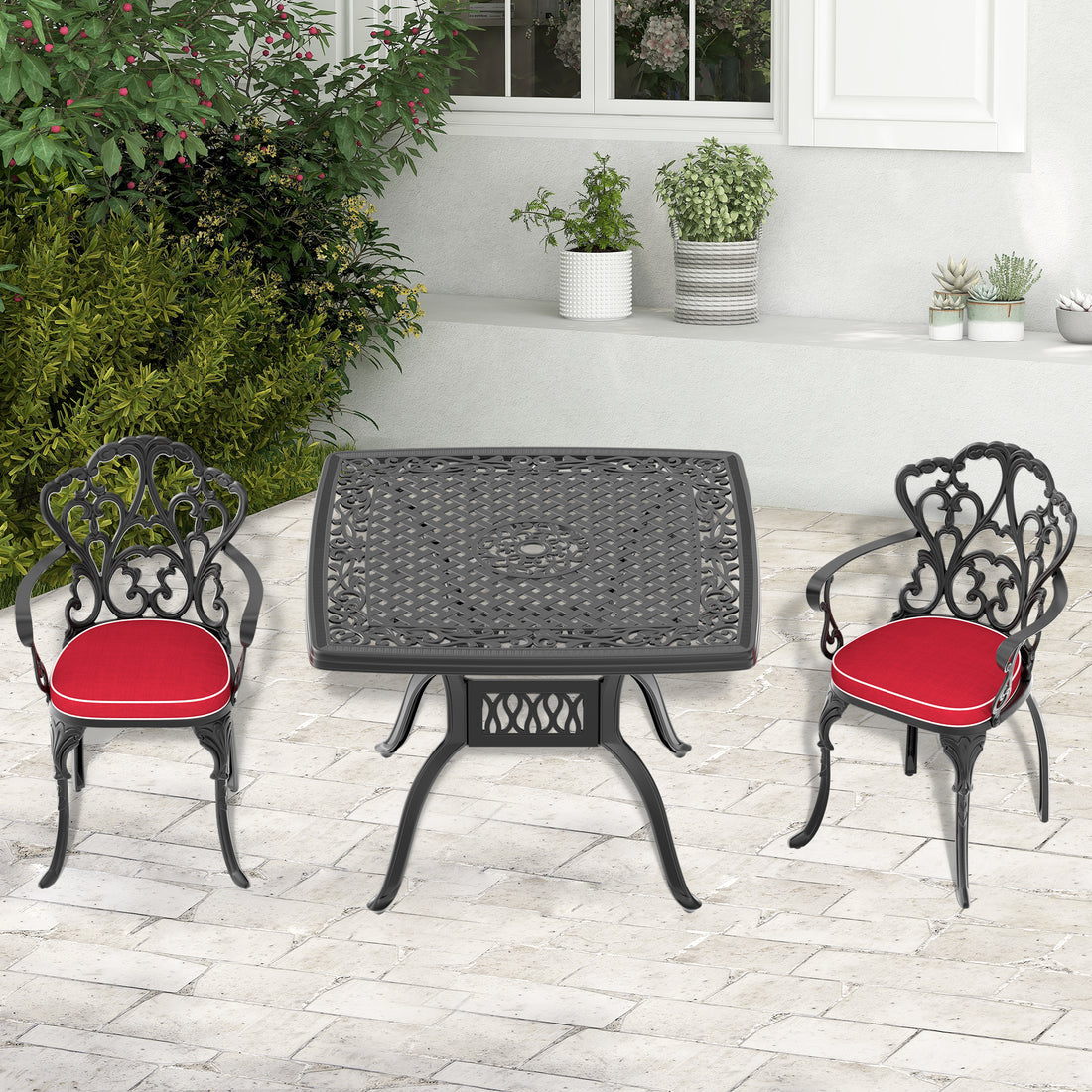 Cushions In Random Colors 3 Piece Set Of Cast Aluminum Patio Furniture With Cushions Yes Dining Set Black Seats 2 Rust Resistant Frame Water Resistant Cushion Garden & Outdoor Aluminium