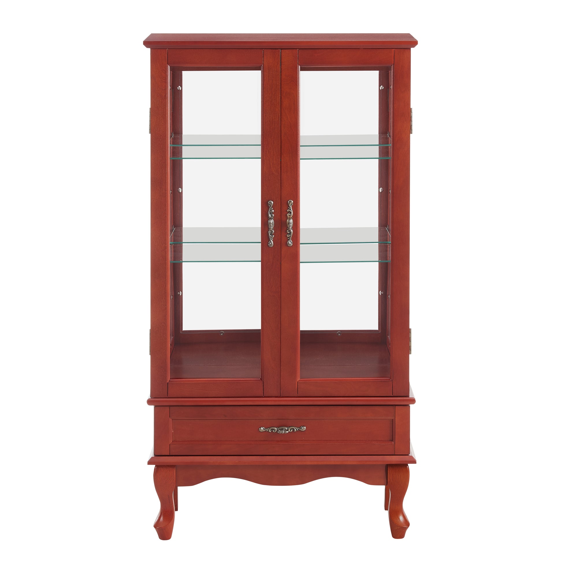 Lighted Glass Cabinet Glass Wine Cabinet Curio Display Cabinet With Adjustable Glass Shelves 2 Doors And 1 Drawer Cabinet Bulb Included Cherry Cherry Mdf Glass