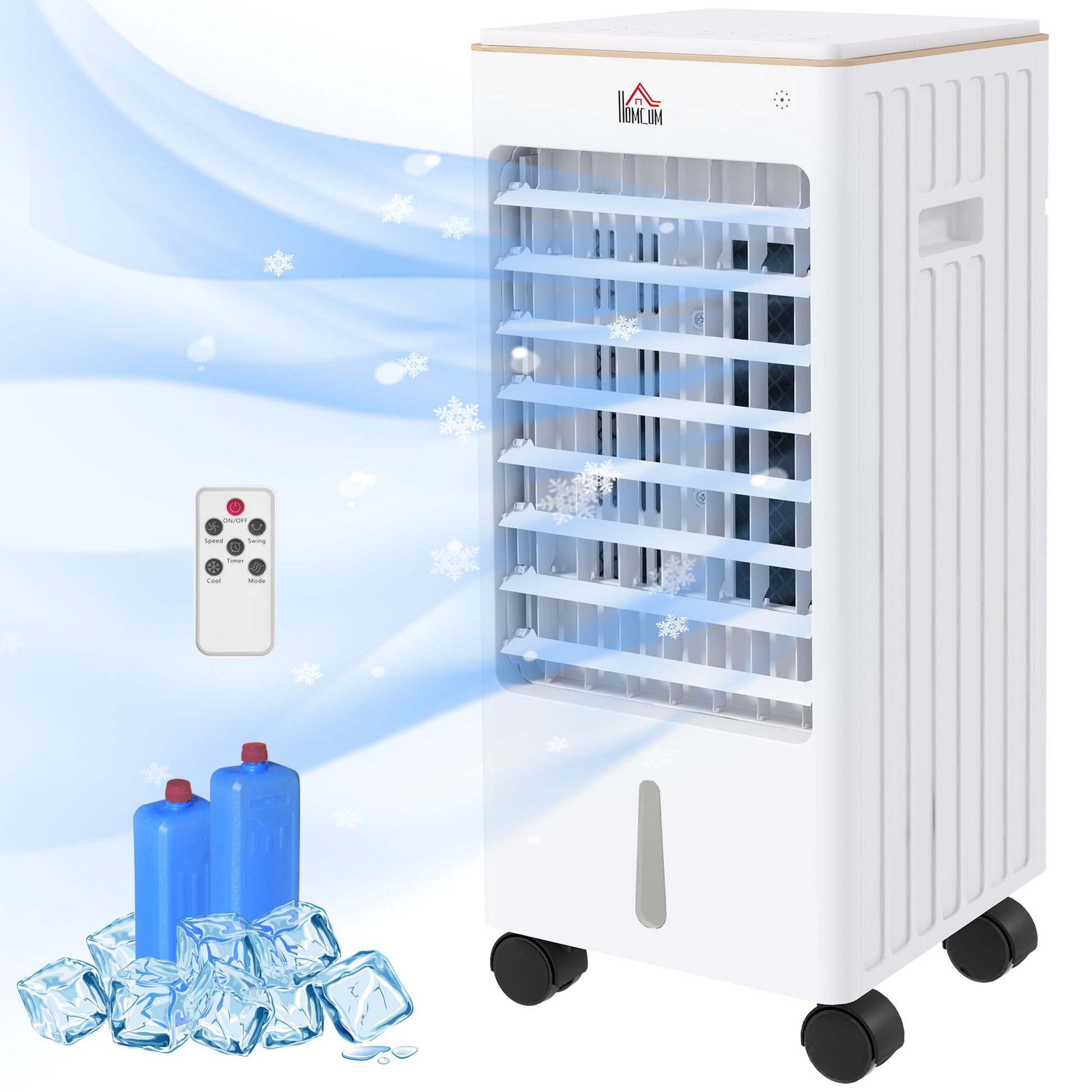 Homcom 21" Evaporative Air Cooler With Ice Packs, 3 In 1 Ice Cooling Fan, Portable Swamp Cooler With Water Tank, 7.5H Timer, 60 Oscillating, Remote, For Home Office Bedroom, White White Abs
