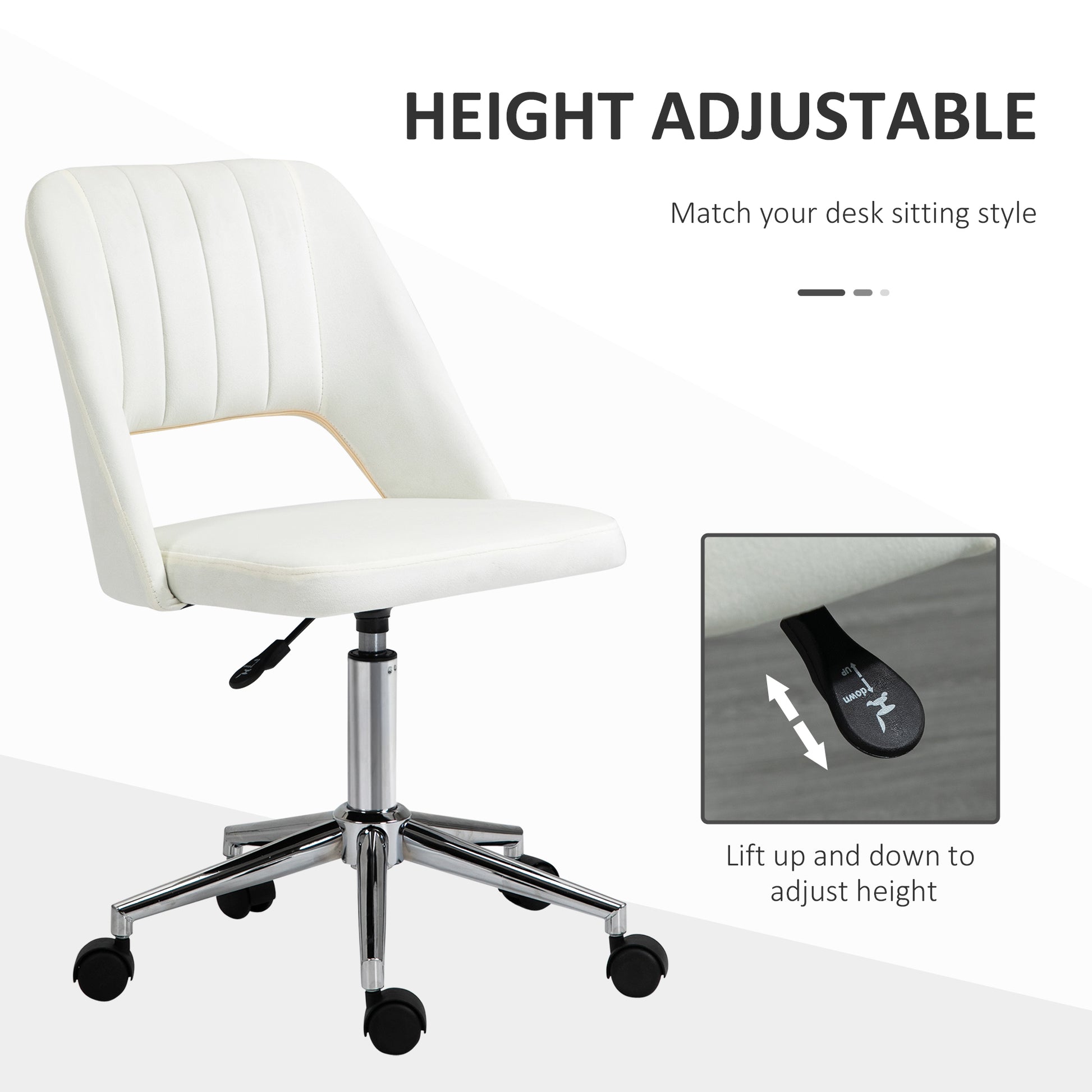 Vinsetto Modern Mid Back Office Chair With Velvet Fabric, Swivel Computer Armless Desk Chair With Hollow Back Design For Home Office, Cream White Cream White Polyester