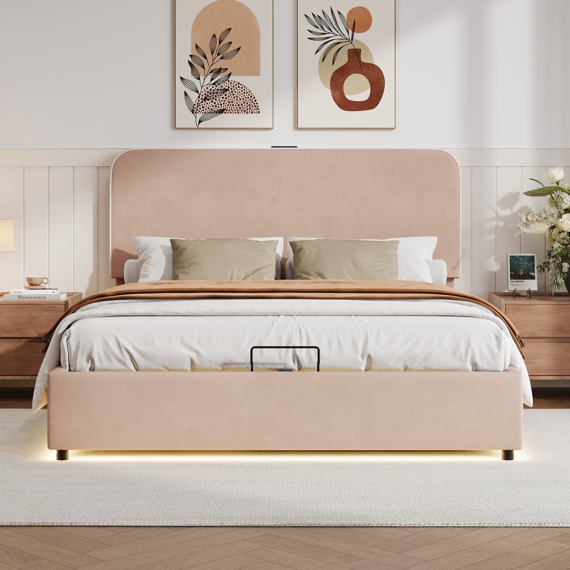 Upholstered Platform Full Size Hydraulic Storage Bed, Lift Up Storage Bed With Rgb Led Light, Bluetooth Speaker, No Box Spring Needed, Lychee Velvet,Pink Full Pink Velvet Fabric Metal