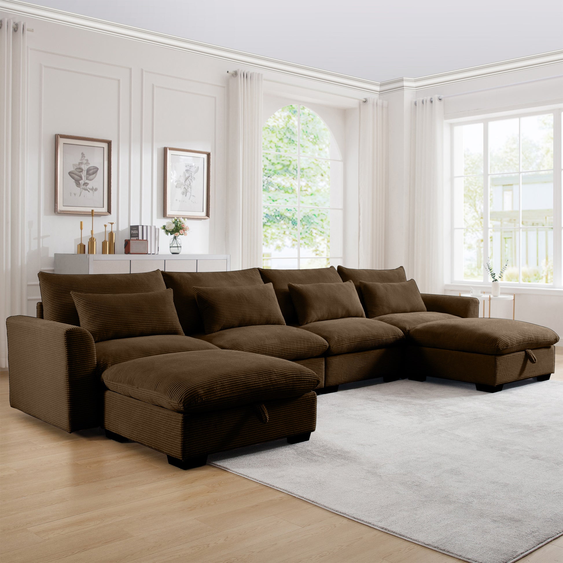 Big Deep Seat U Shaped Corduroy Sectional Couches For Living Room, 4 Seater Sofa Couch With 2 Storage Footstool And 4 Waist Pillows Corduroy, Brown Brown Corduroy 4 Seat
