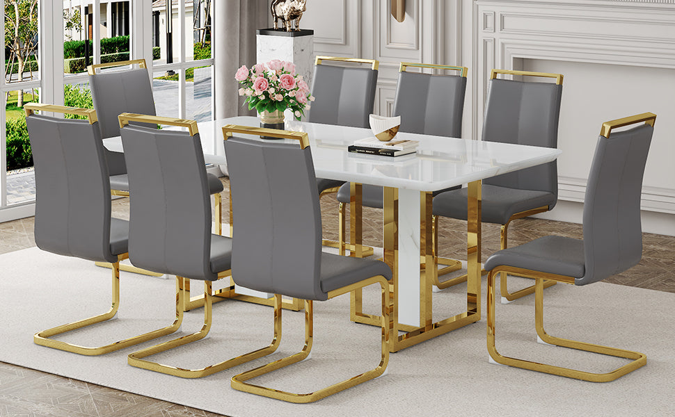 Table And Chair Set.67"X36" White Marble Pattern Mdf Dining Table Set With 8 Dark Gray Pu Chairs.Mdf Sticker,White Marble Pattern Sticker,Gold C Tube Chair Legs,Suitable For Kitchen,Dining Room,Etc.