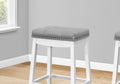 Bar Stool, Set Of 2, Counter Height, Saddle Seat, Kitchen, White Wood, Grey Leather Look, Transitional White Foam Solid Wood