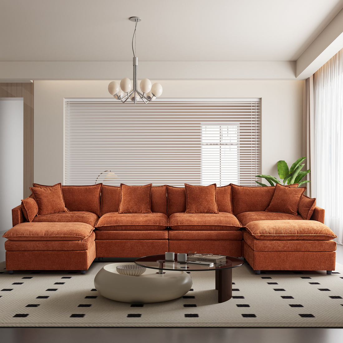 142.52"Modern Chenille U Shaped Sectional Sofa With Convertible Chaise, Comfy Cloud Couch Deep Sectional Sofa With Ottomans For Living Room Orange Wood Foam Chenille 4 Seat