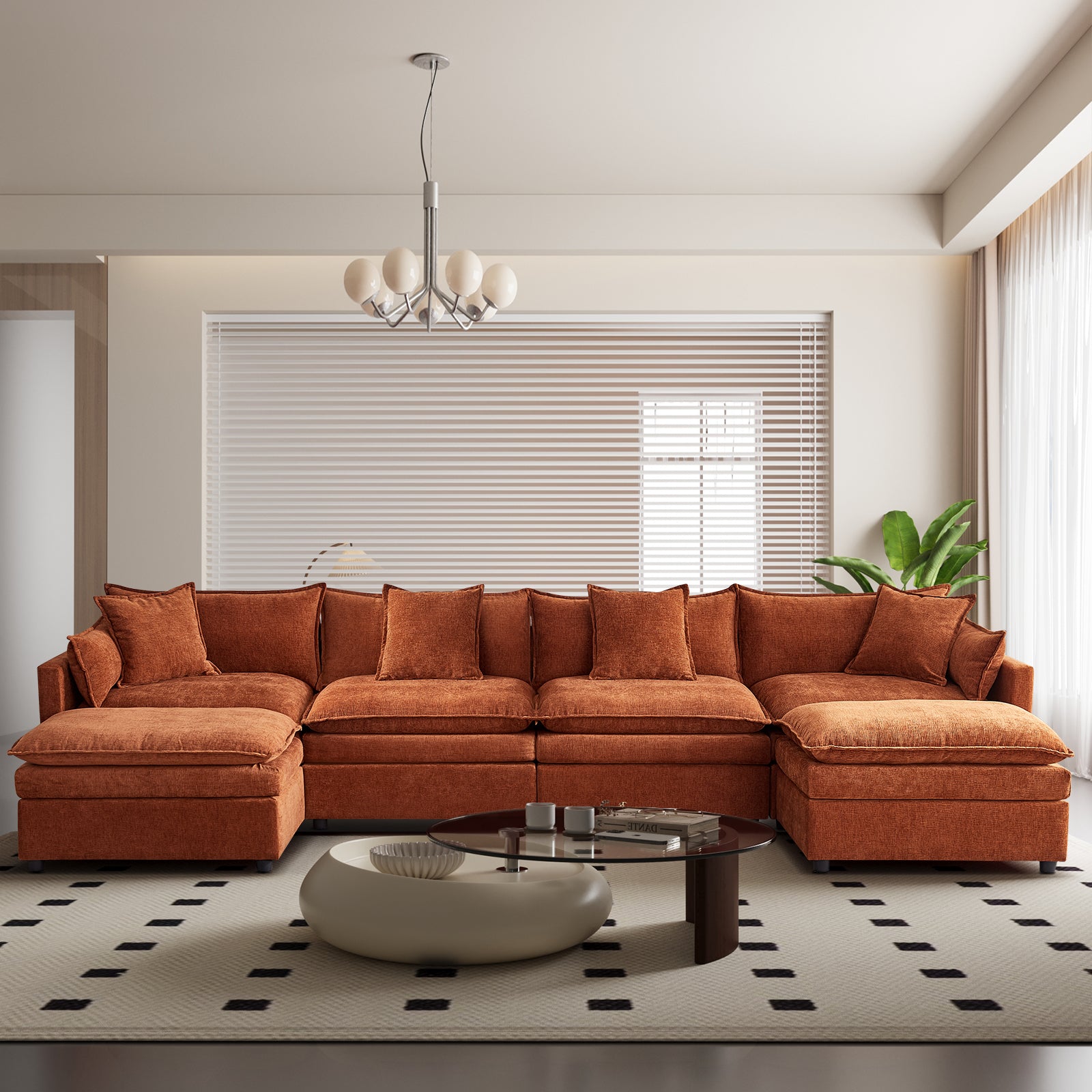 142.52"Modern Chenille U Shaped Sectional Sofa With Convertible Chaise, Comfy Cloud Couch Deep Sectional Sofa With Ottomans For Living Room Orange Wood Foam Chenille 4 Seat