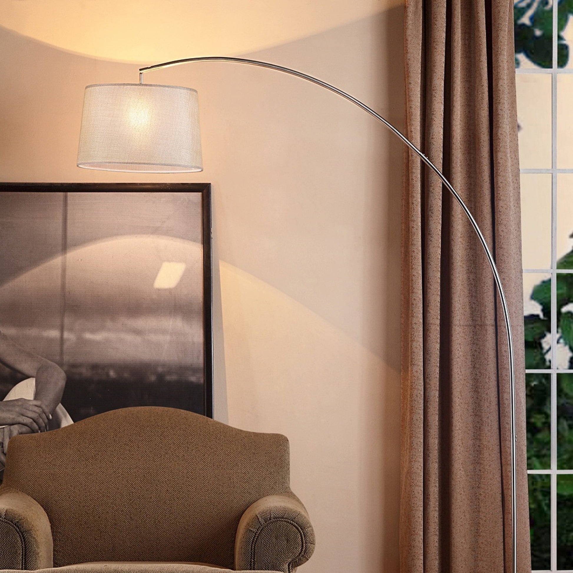 84.5" Tall Metal Arch Floor Lamp "Oma" With Silver Finish, Ivory Fabric Shade Silver Metal