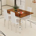 Table And Chair Set.Large Modern Rectangular Table With Brown Glass Top And Silver Metal Legs. Paired With 4 White Chairs With Checkered Armless High Back Pu Cushion And Silver Metal Legs. Silver,White Seats 4 Glass Metal