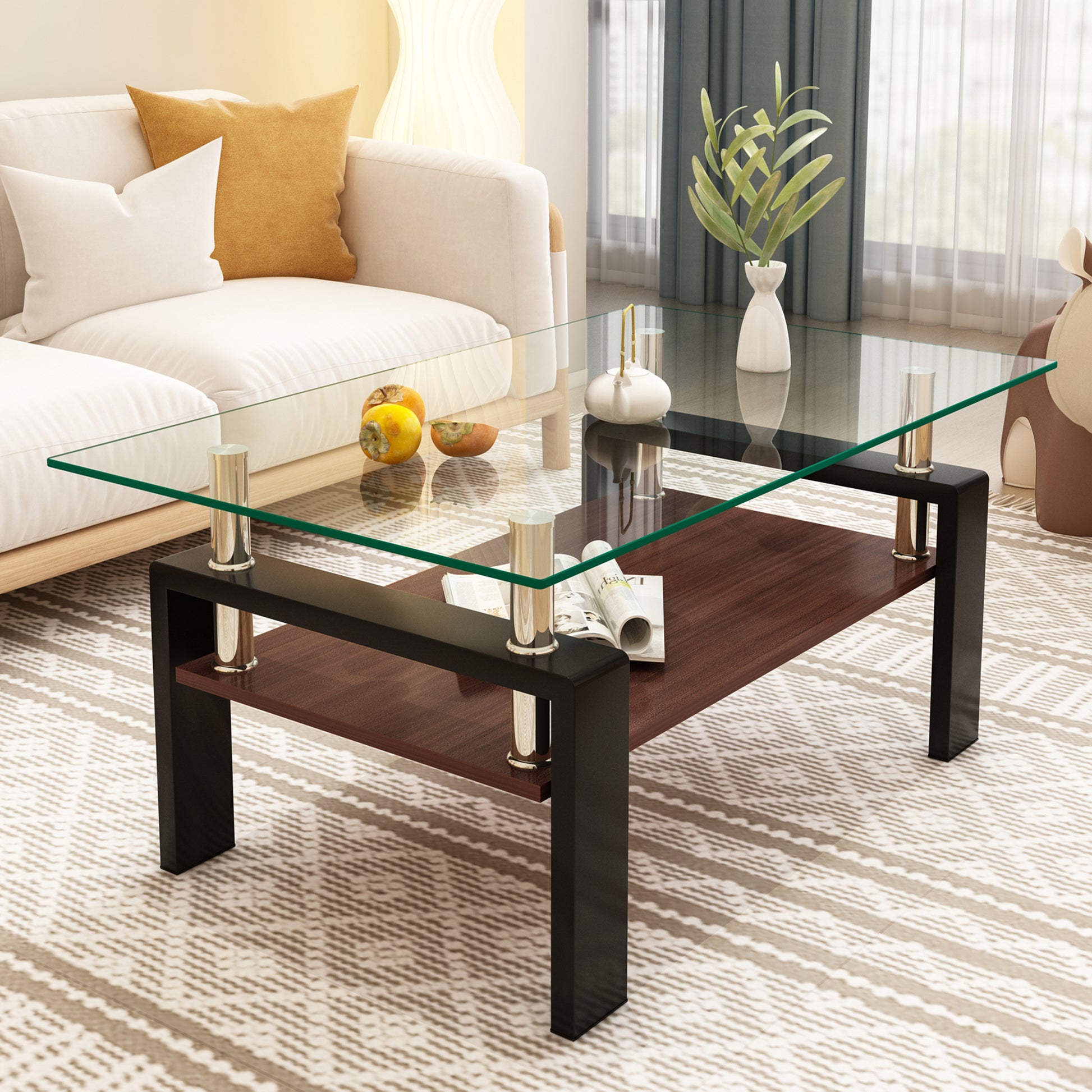 Rectangle Coffee Table, Tempered Glass Tabletop With Mdf Layer, Modern Table For Living Roomtransparent Glass Transparent Tempered Glass